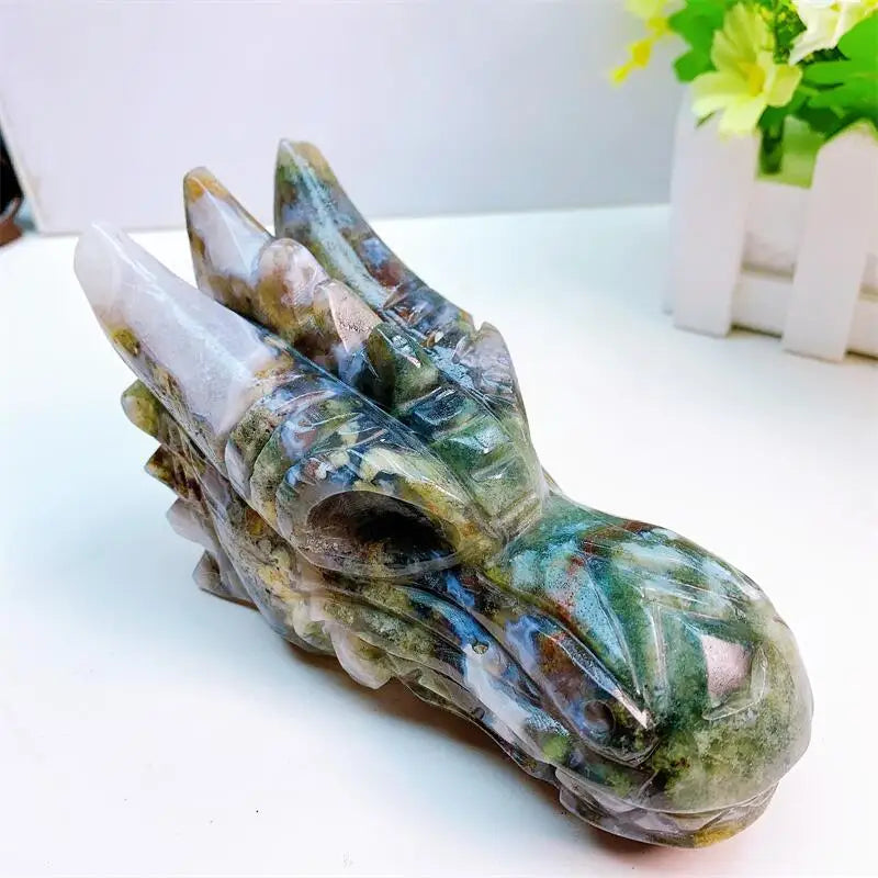 15cm Natural Moss Agate Dragon Skull Carving - Handcrafted Healing Crystal for Home Decor, Wicca Altar & Spiritual Gifts | Powerful Energy Stone for Meditation, Feng Shui & Witchcraft Supplies