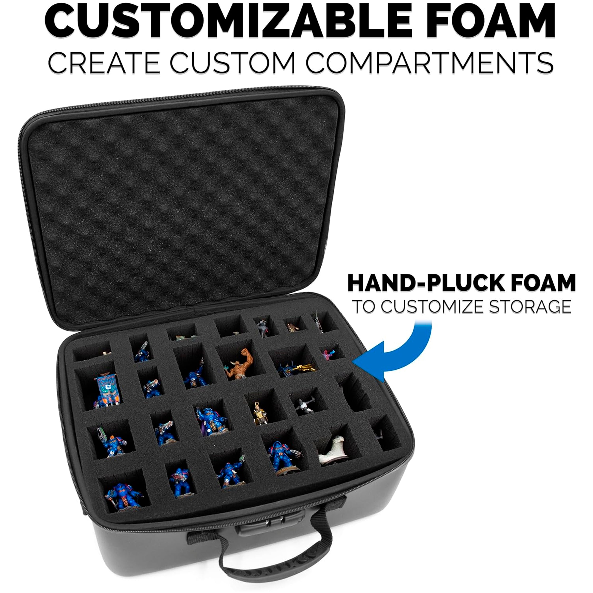 CASEMATIX Miniature Carrying Case - Customizable Mini Storage with 2 Pluck Foam Trays & Shoulder Strap for Tabletop RPG, Warhammer, D&D Miniatures - Perfect for Gaming, Travel & Organized Storage