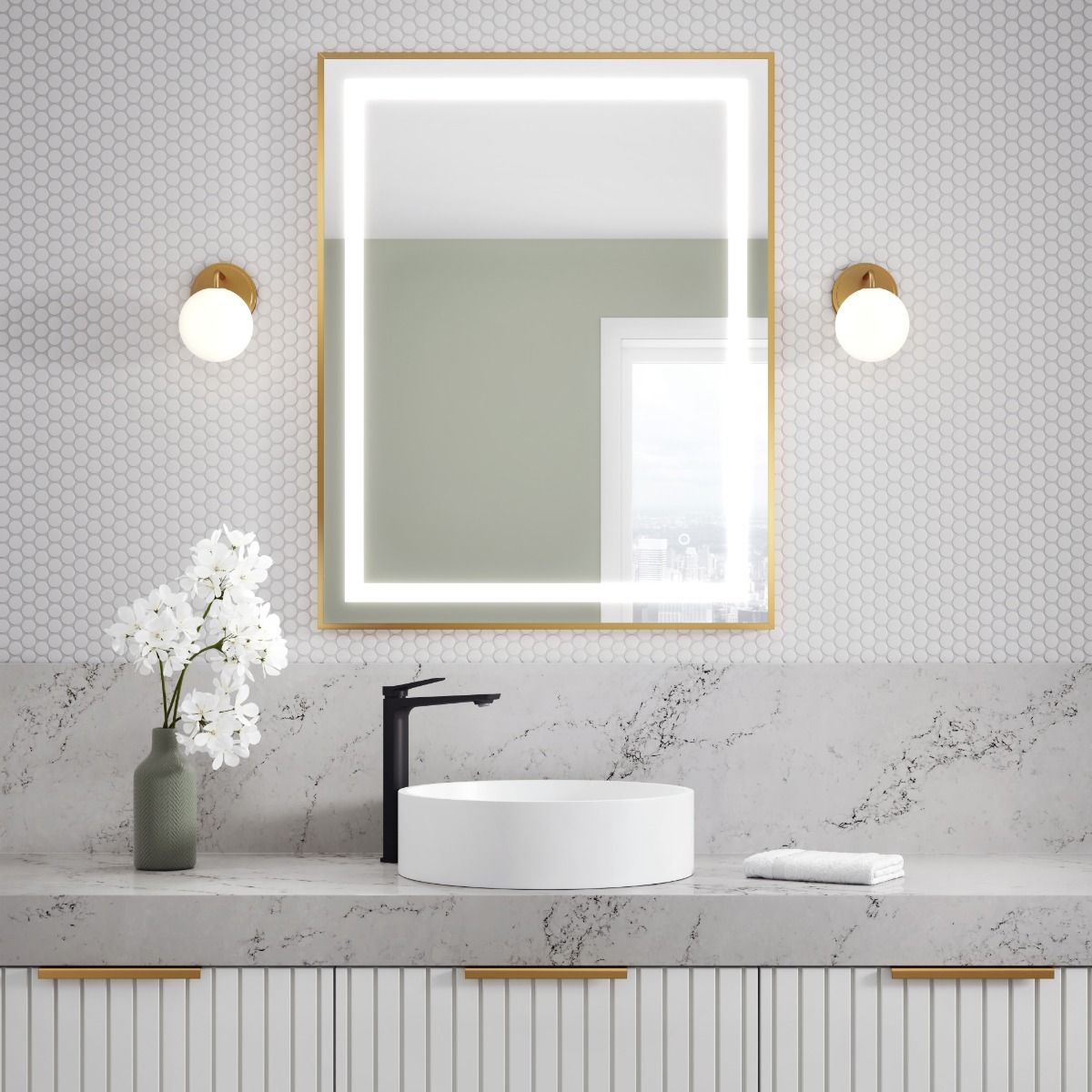 30x38 Inch LED Vanity Mirror with Gold Frame - Touch Sensor, Adjustable Brightness for Makeup, Shaving & Home Decor
