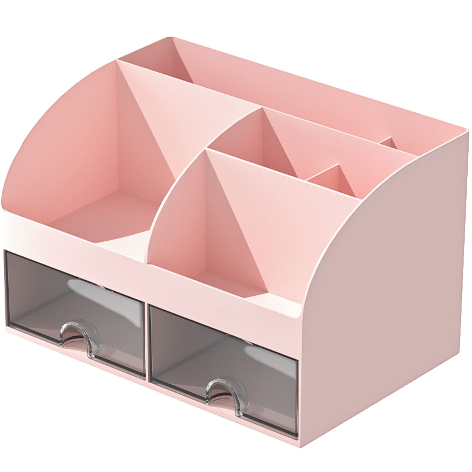 6-Compartment Plastic Desk Organizer with 2 Drawers - Pink Makeup & Pen Holder for School, Home & Office - Perfect for Desktop Storage & Organization (Ideal for Cosmetics, Stationery & Office Supplies)