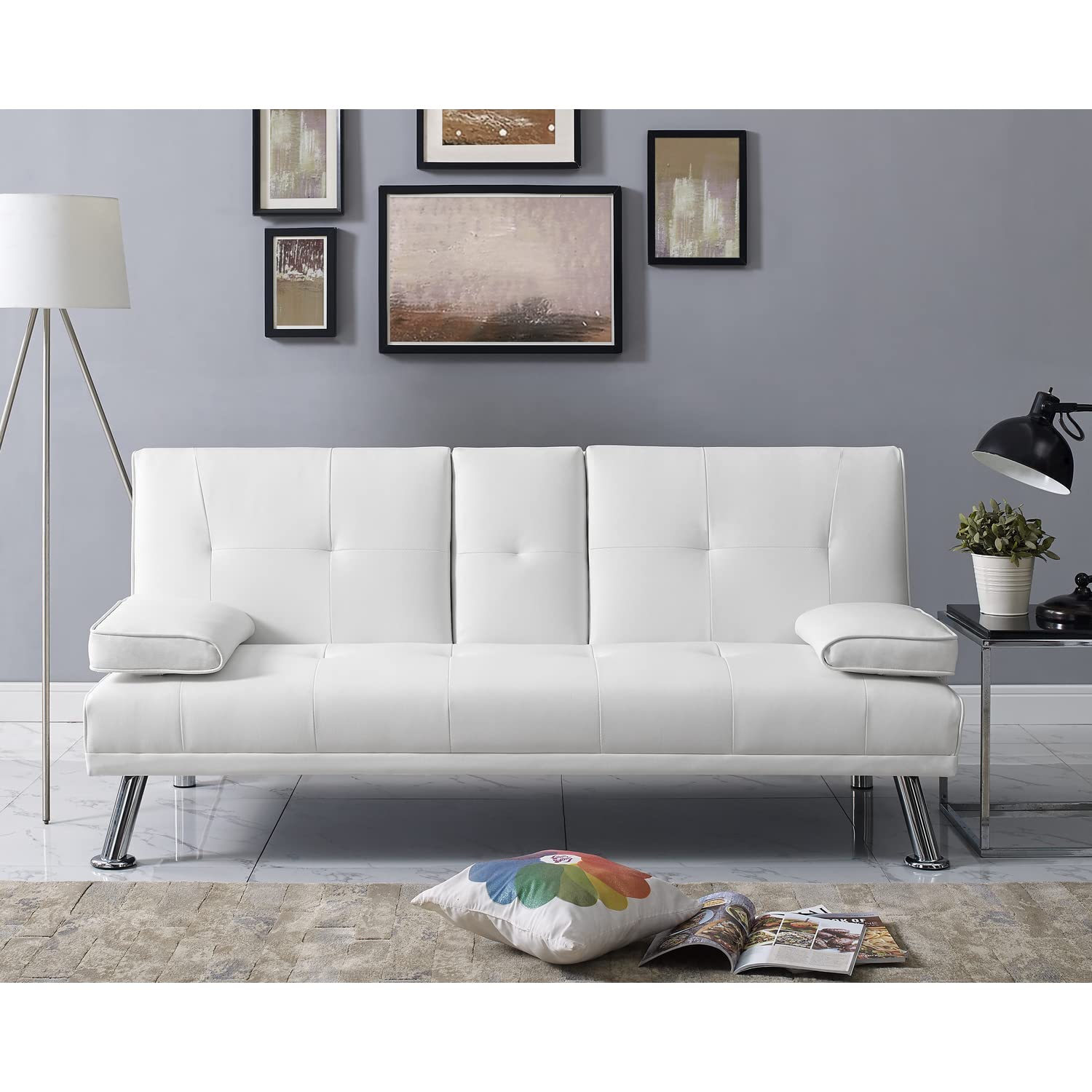 Naomi Home White Faux Leather Futon Sofa Bed with Armrest & 2 Cupholders - Convertible Pull-Out Reclining Couch Bed with Sturdy Metal Legs - Perfect for Small Spaces, Living Rooms, Guest Rooms & Apartments
