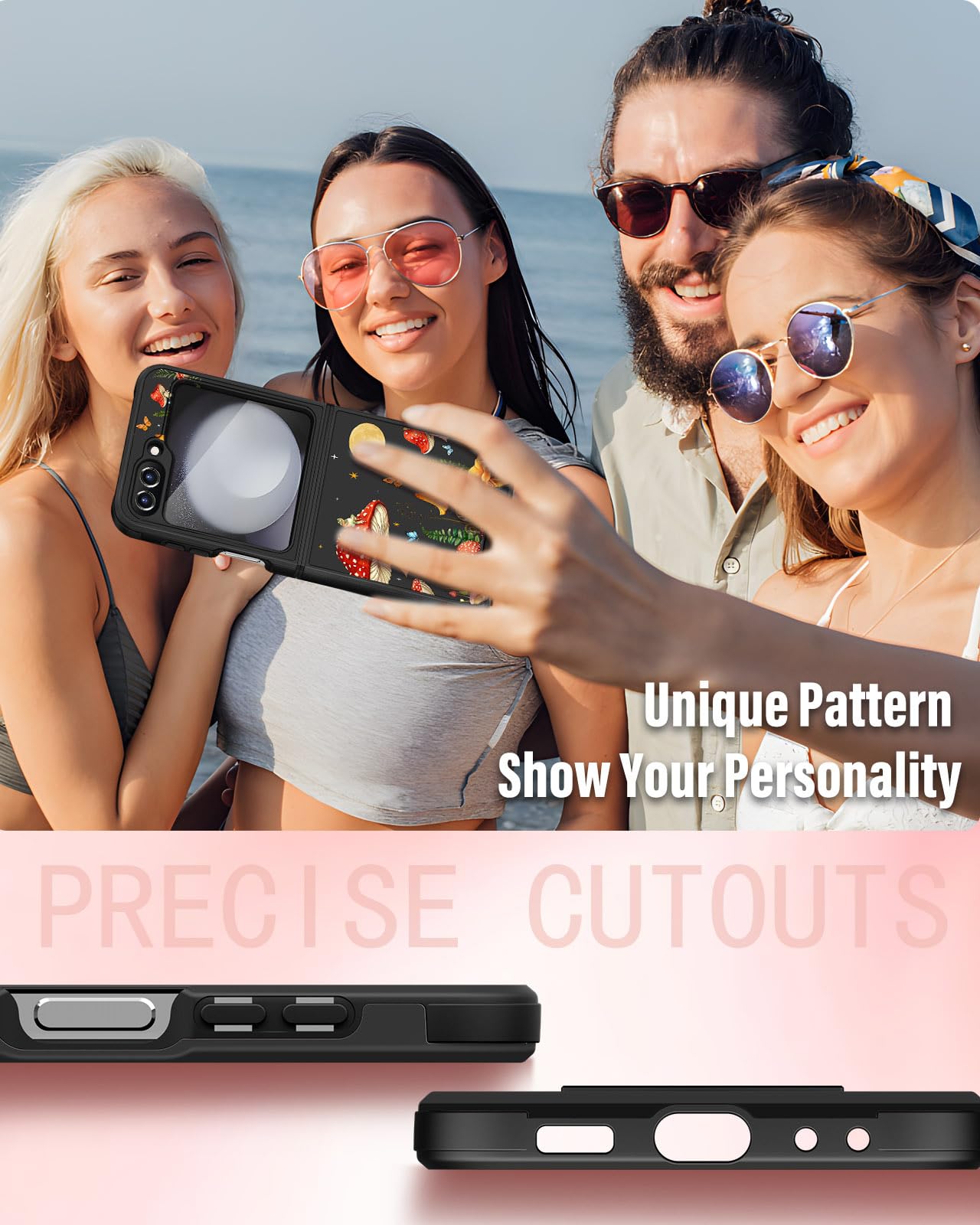 2-in-1 Cute Mushroom Moon Design Phone Case for Samsung Galaxy Z Flip 5 (2023) - Protective Cover with Ring Stand for Women & Girls, Aesthetic Girly Style - Perfect for Daily Use, School, Work & Travel