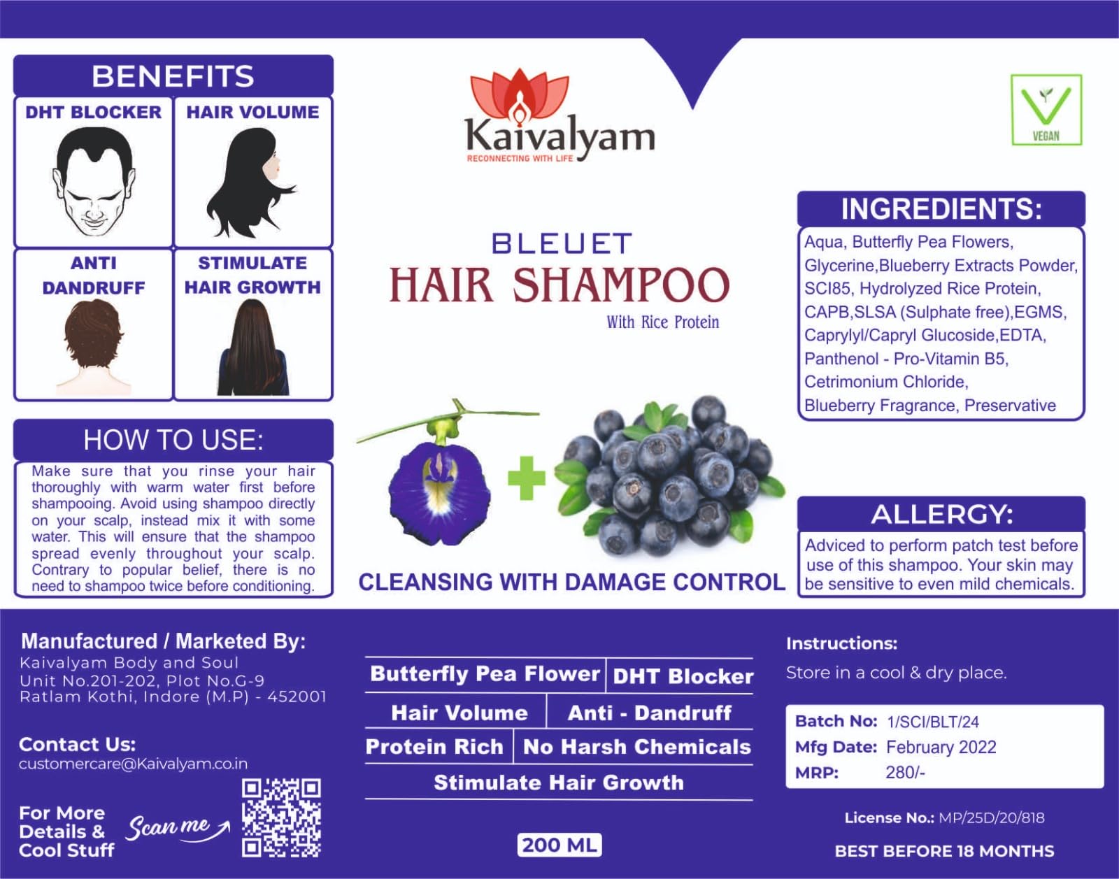 Kaivalyam Blueberry & Butterfly Pea Flower Shampoo 200ml - Natural Hair Cleanser for Sebum Balance, Hair Growth & Volume Boost | Sulfate-Free & Vegan Formula | Perfect for Dry, Damaged Hair & Scalp Care