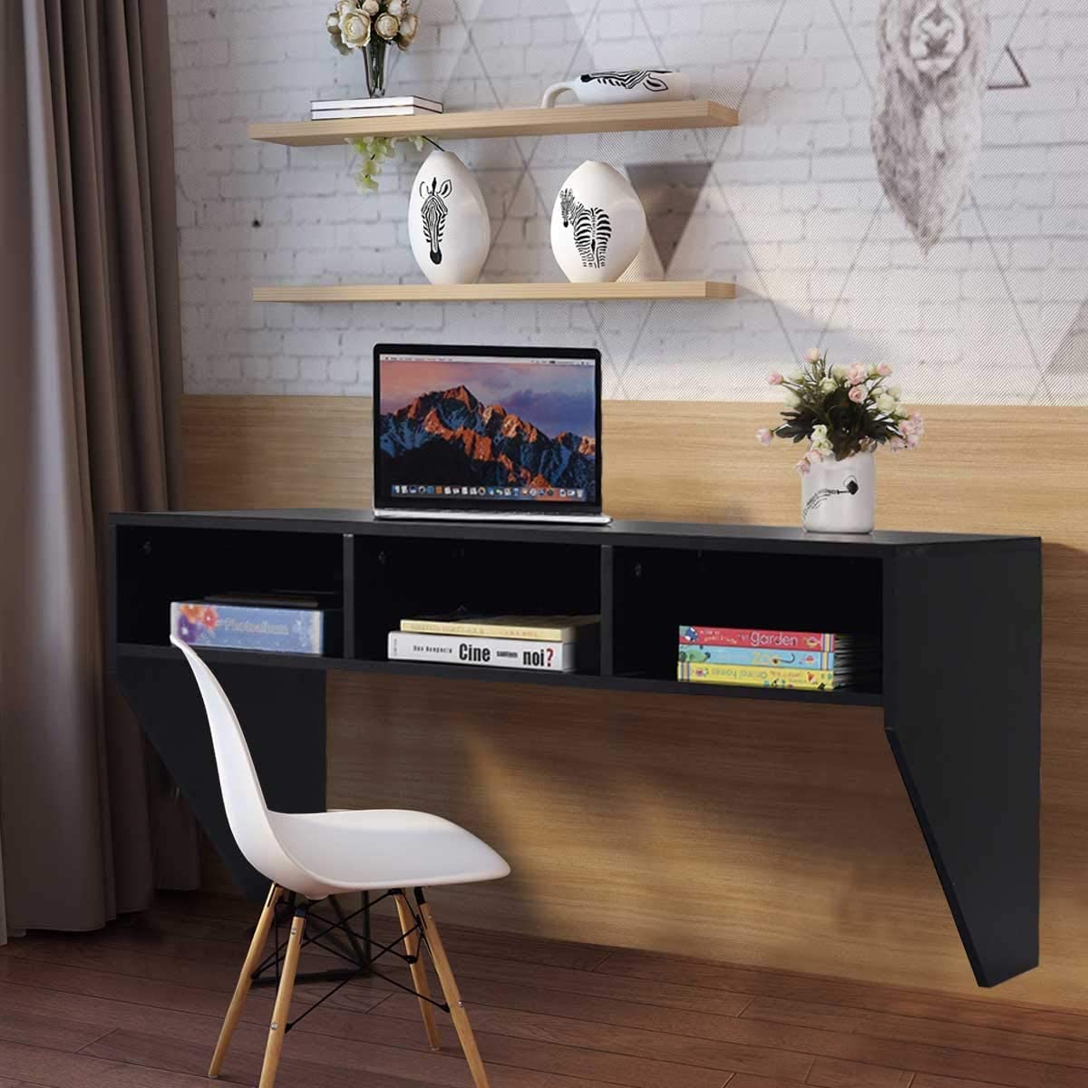 Giantex Wall Mounted Floating Computer Desk with 3 Storage Shelves - Compact Writing Study Table for Laptop, PC - Perfect for Small Spaces in Living Room, Bedroom & Home Office (Black) - Ideal for Remote Work, Online Classes & Space-Saving Home Organization