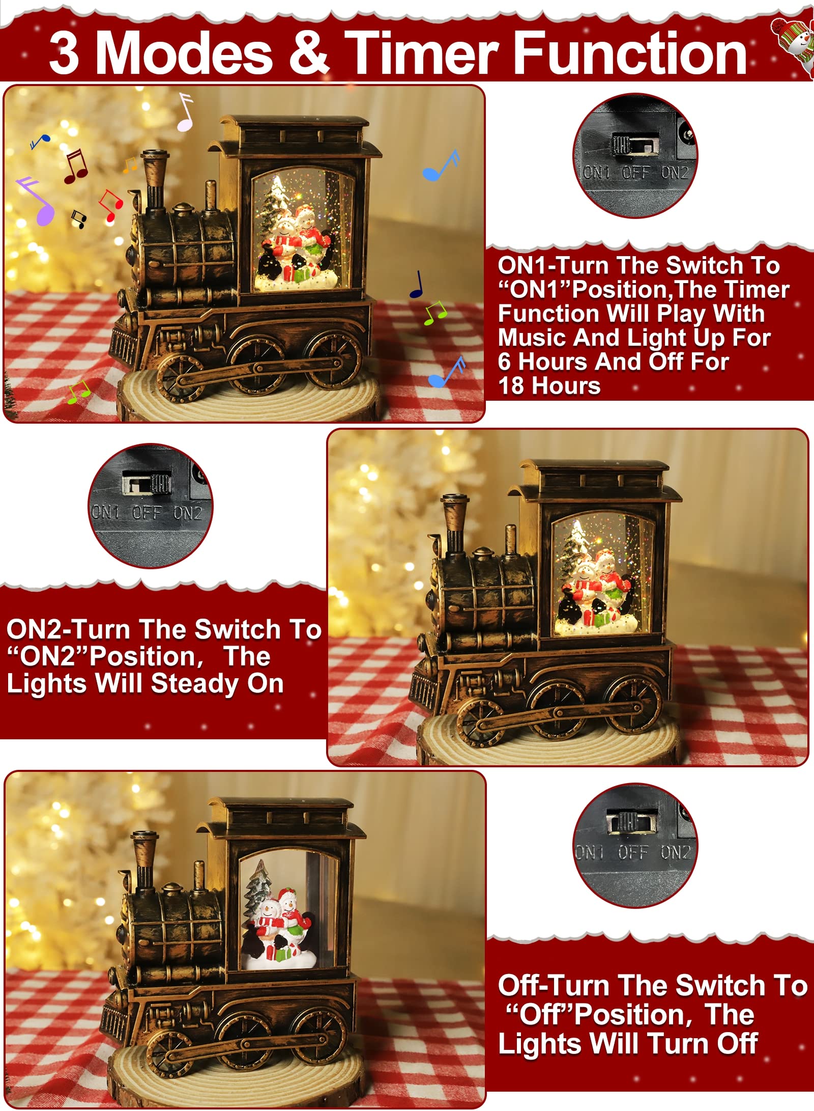 Christmas Snow Globe with Train, Music, Lights & Timer - 8 Holiday Songs, 2 Snowman Sledding Scene, Glittering Snow Globe Decor for Office & Home - Perfect Xmas Gift for Kids & Adults (Great for Mantel Decor, Holiday Parties & Festive Gift Exchanges)