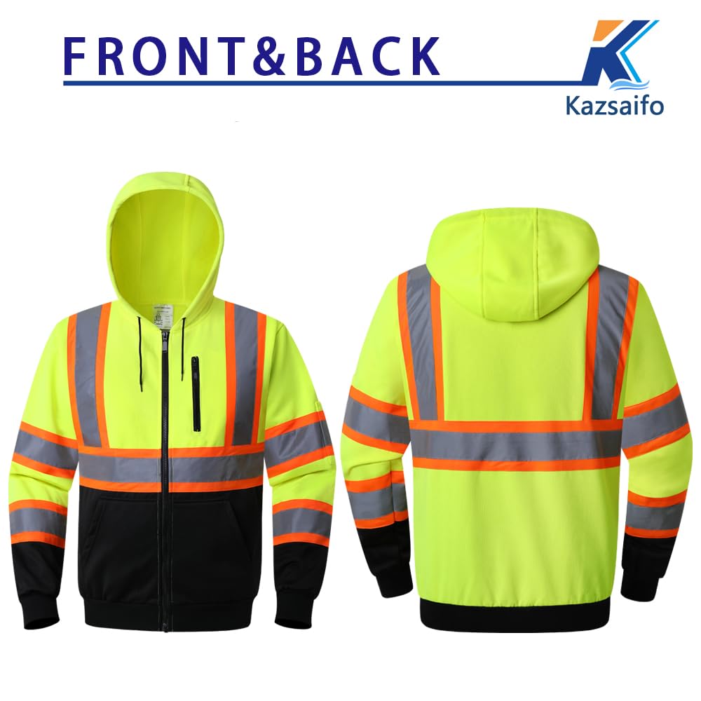 Class 3 High Visibility Safety Hoodie for Men & Women - Reflective Full Zip Fleece Sweatshirt with Black Bottom & Pockets | Perfect for Construction, Road Work & Nighttime Outdoor Activities (KZV-YellowLink-M)