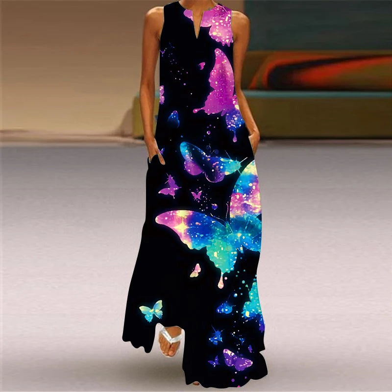 Stylish Women's Floral Print Hollow V-Neck Maxi Dress - Sleeveless Loose Fit Summer Beach Dress for Vacation, Seaside Outings & Boho Chic Occasions