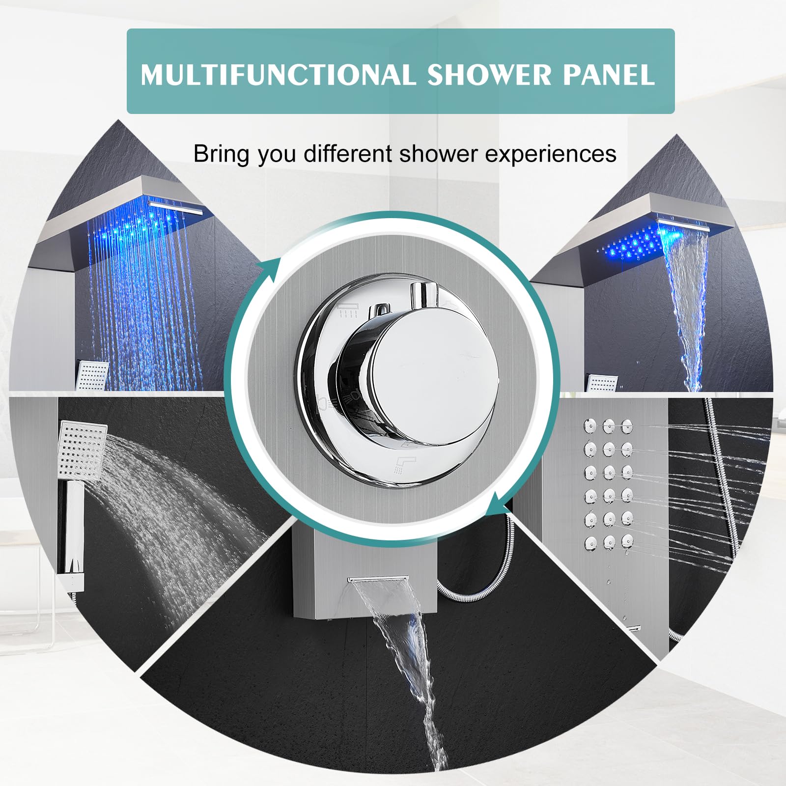 Rainfall LED Shower Panel Tower - 5-in-1 Shower System with Waterfall Showerhead, Adjustable Body Jets, Handheld Spray & Tub Spout, Stainless Steel Shower Column (Brushed Nickel Finish) - Perfect for Modern Bathrooms & Spa-Like Shower Experience