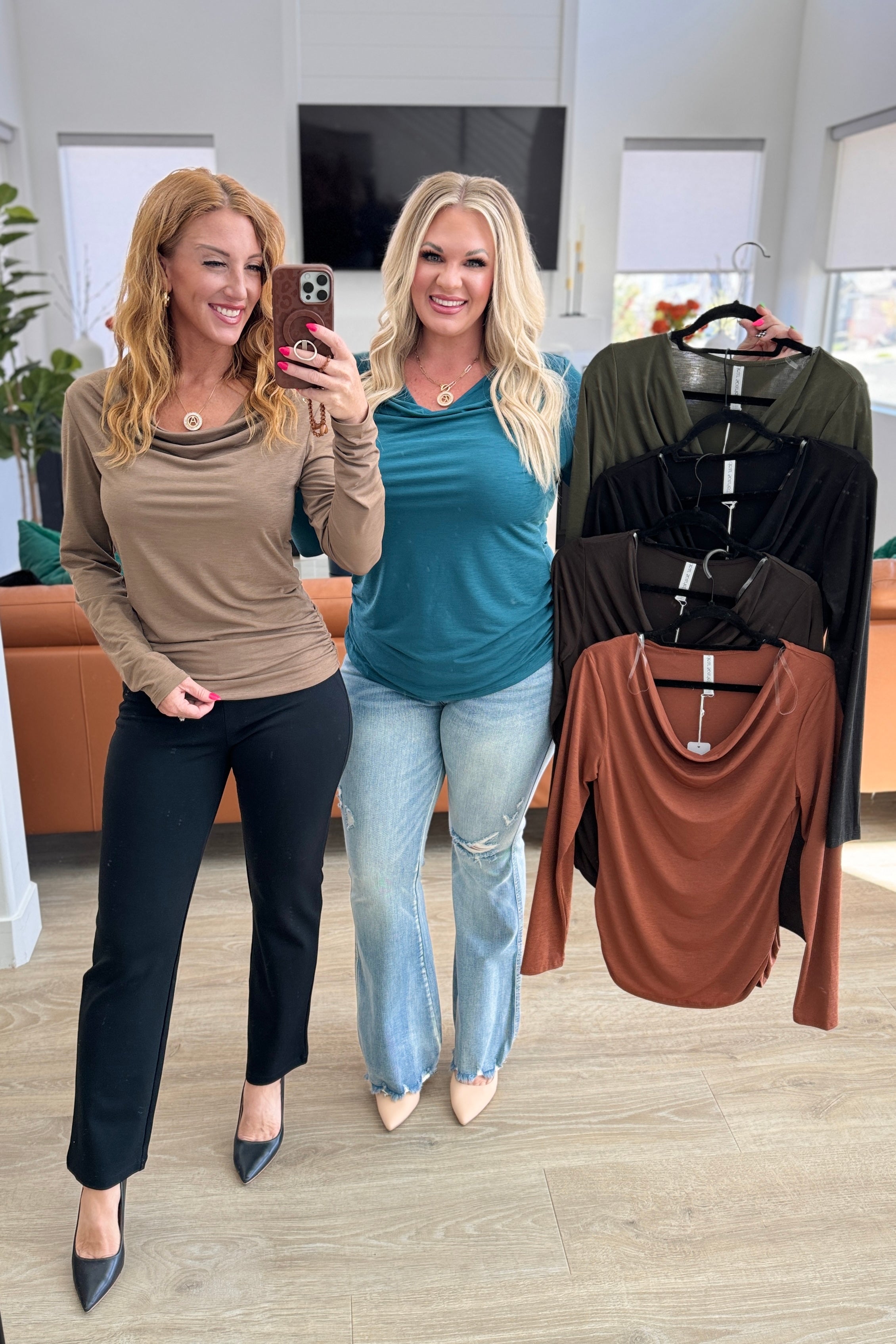 Elegant Ruched Cowl Neck Blouse in Rust - Women's Fashion Tops for Casual Wear, Office & Date Night Outfits