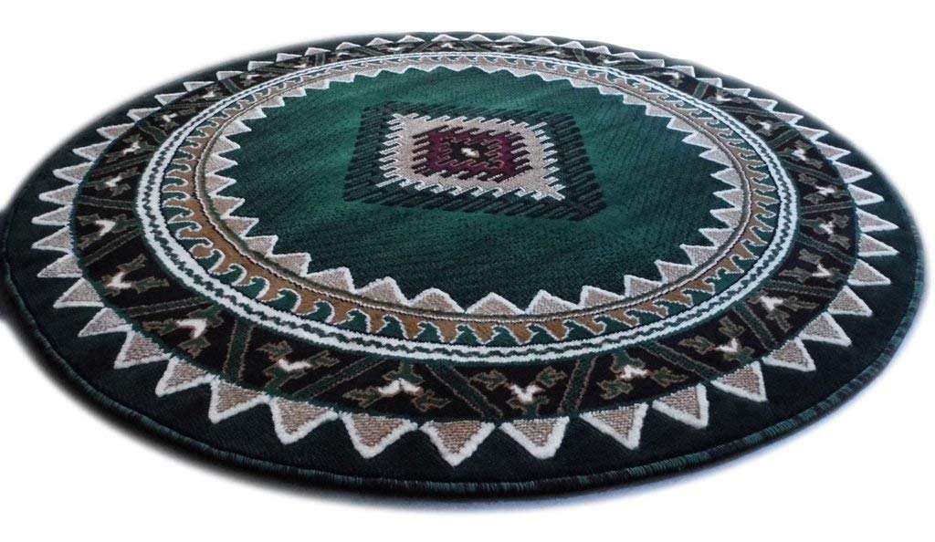 Champion Western Native American Navajo Aztec Indian Green Area Rug - 5x5 Feet Round Handmade Carpet for Living Room, Bedroom & Boho Decor