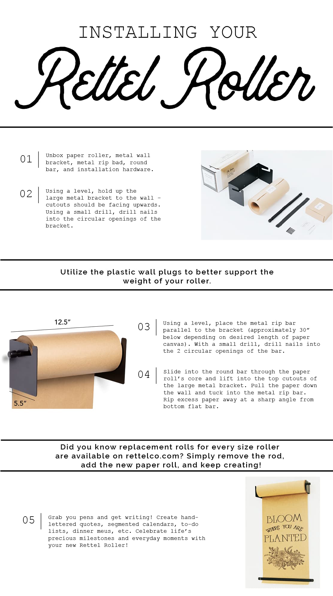Roller Kraft Paper Roll Display - 18 Inch Black Wall Decor for Kitchen & Farmhouse - Includes 1 Kraft Paper Roll - Perfect for Art Walls, Memo Boards & Creative DIY Projects