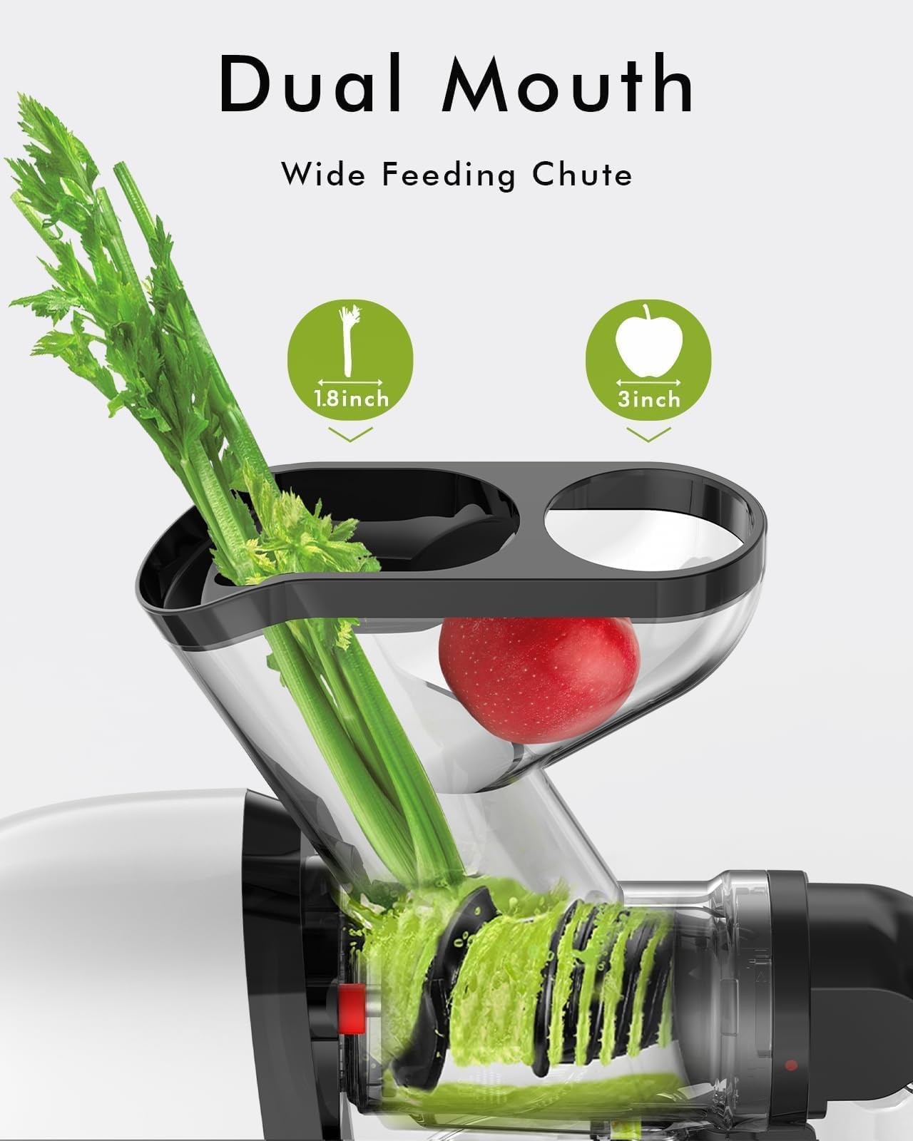 Premium Cold Press Juicer - Slow Masticating High-Yield Juice Extractor with Wide Dual-Feed Chute, Anti-Clog Reverse Function & Easy Cleaning - Perfect for Fruits, Vegetables, Wheatgrass, Celery & More - Ideal for Healthy Juicing at Home, Office or Gym - White