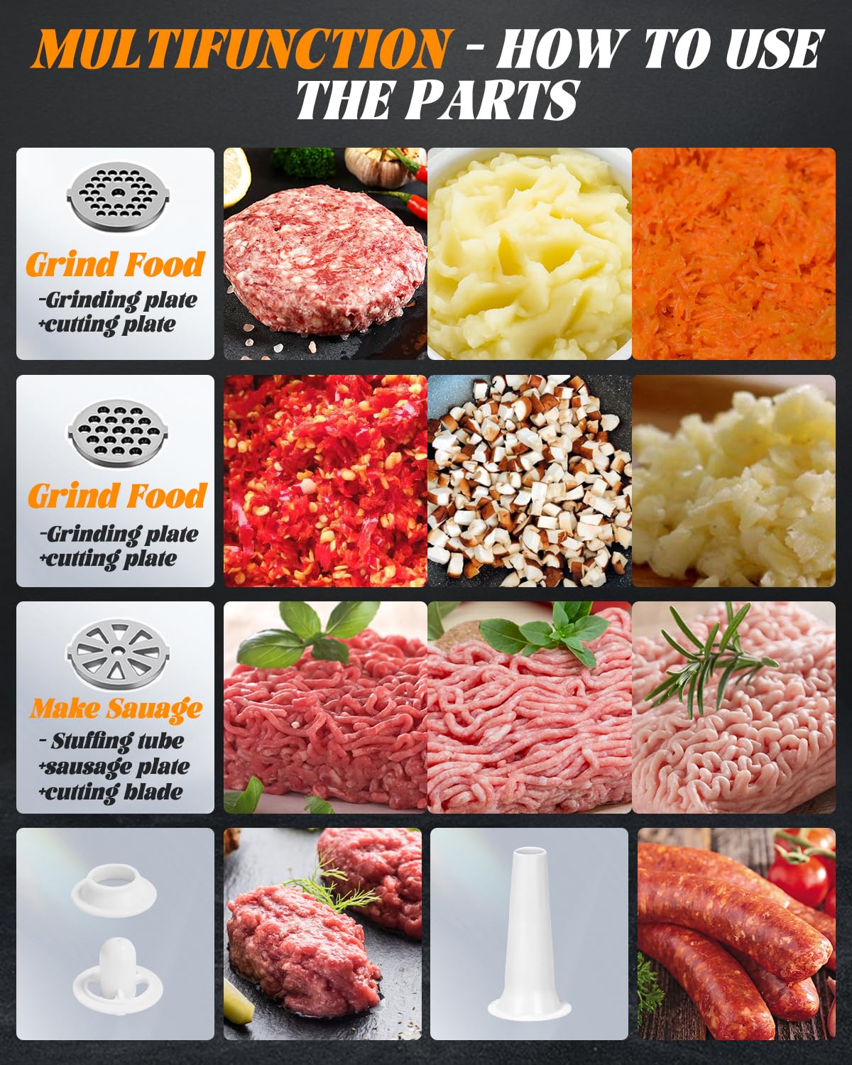 Powerful 3500W Electric Meat Grinder with 6 Stainless Steel Blades & Grinding Plates - Heavy Duty Sausage Stuffer with Kubbe Attachment & Thermal Protection - Perfect for Home Kitchen, Butcher Shop & Commercial Use (Dark Black)