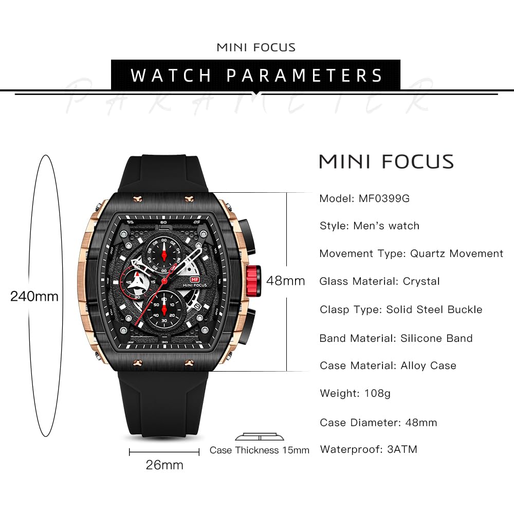 MF Mini Focus Men's Fashion Tonneau Chronograph Watch - Waterproof, Luminous, Calendar Display with Silicone Strap - Perfect for Business, Casual Wear & Outdoor Activities