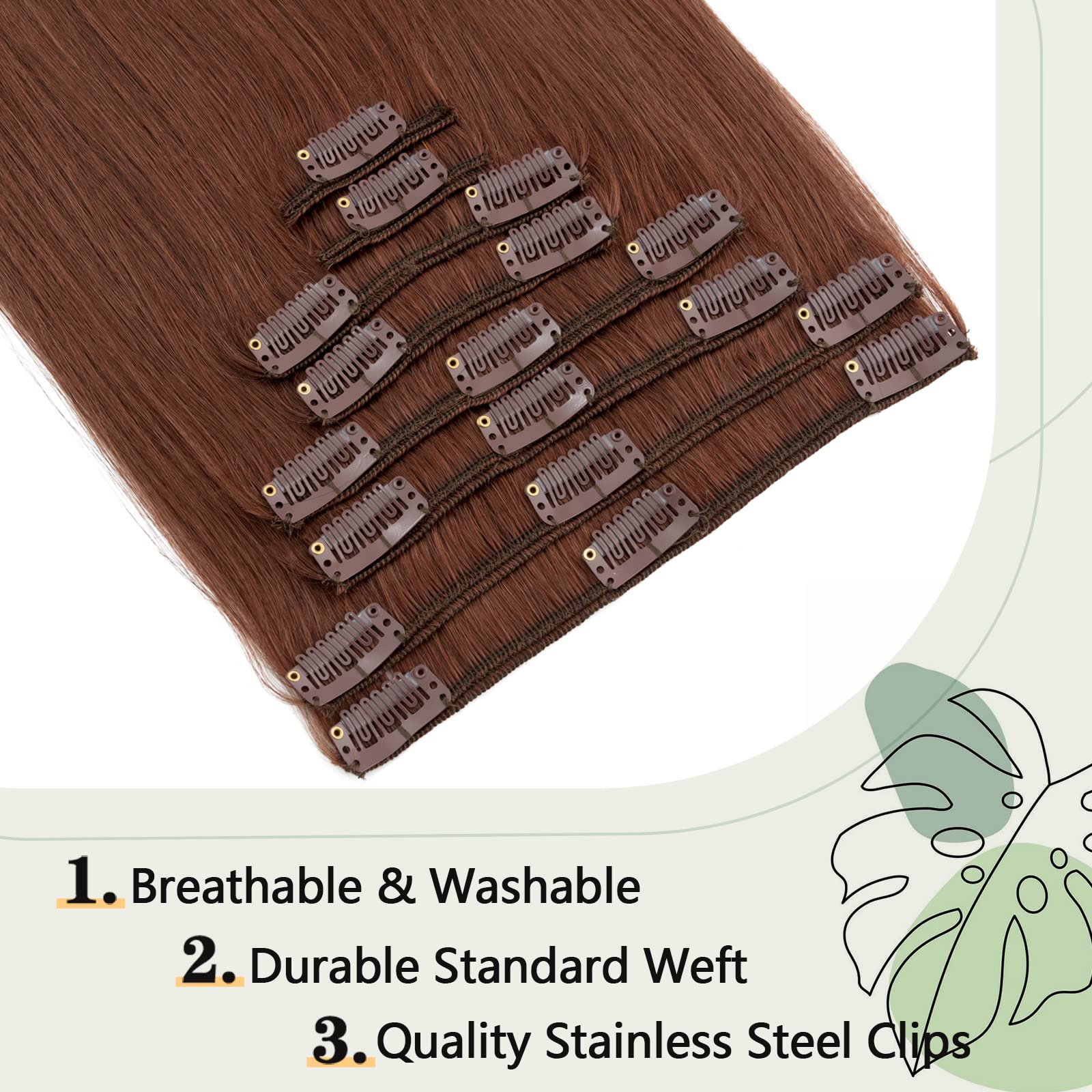 Premium 100% Real Human Hair Clip-in Extensions - 8 Pieces, 18 Clips, 13 Inch, 80g, Dark Auburn (#33) | Silky Soft, Short Human Hair Weft for Volume & Length | Perfect for Daily Wear, Parties & Special Occasions
