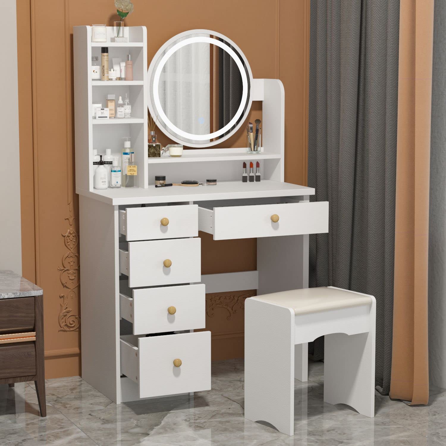 FAMAPY White Vanity Desk with LED Lights, Large Mirror & Storage Drawers - Makeup Dressing Table with Stool, Shelves for Bedroom, 31.5