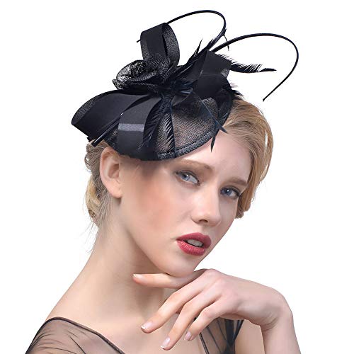 ZEVONDA Elegant Black Flower Feather Mesh Veil Fascinator Hair Clip - Women's Cocktail Tea Party Headwear, Wedding Hair Accessories | Perfect for Bridal Showers, Garden Parties & Formal Events