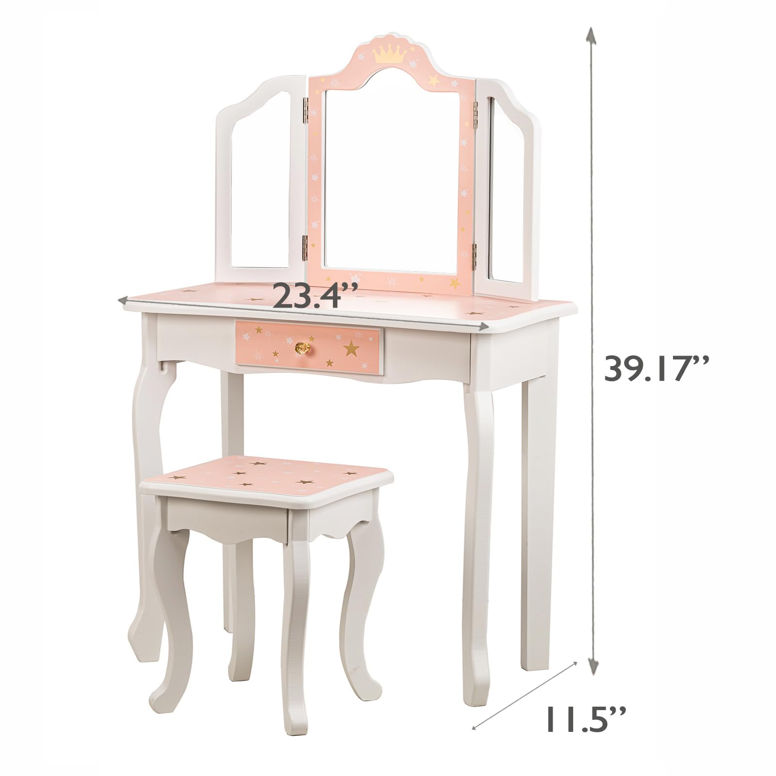 Memoryfield Kids Vanity Set - Wooden Princess Makeup Dressing Table with Mirror, Stool & Drawer | 2-in-1 Toddler Vanity Desk for Girls | Pretend Play, Birthday Gift & Bedroom Decor (Pink/White) - Perfect for Playrooms, Birthday Parties & Imaginative Play
