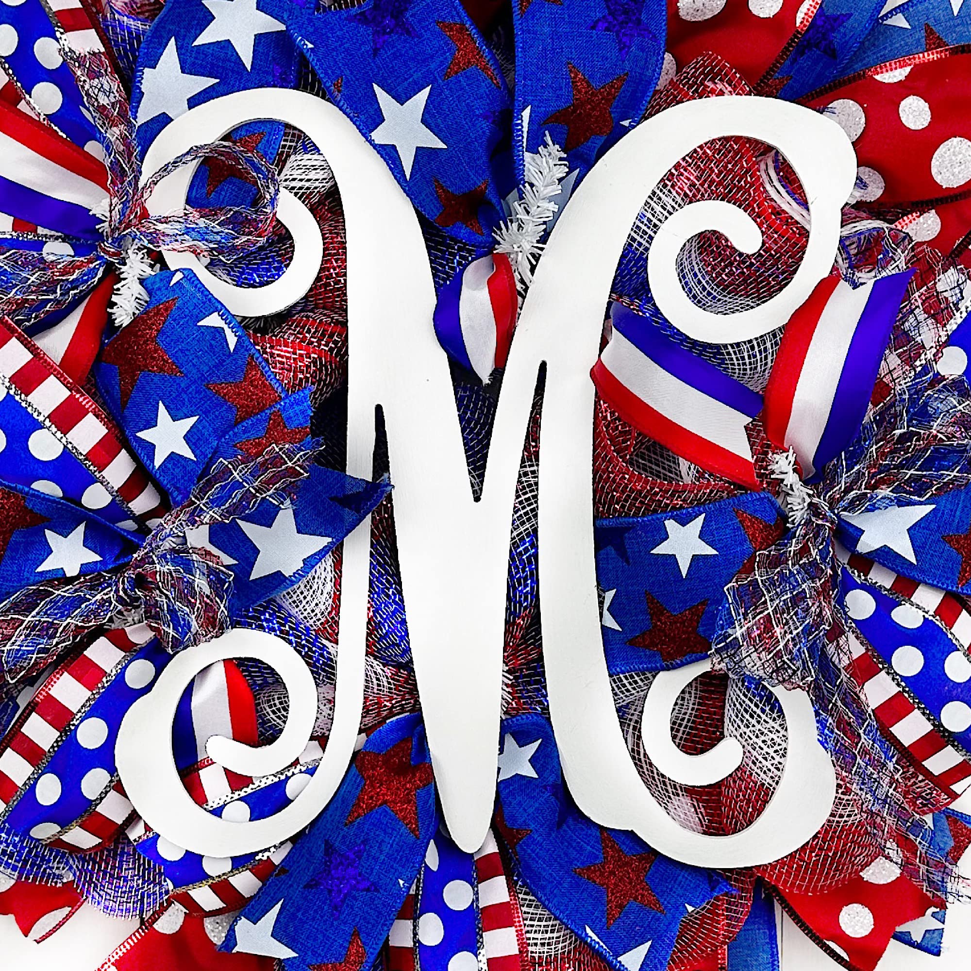 Patriotic Monogram Wreath - Red White & Blue Front Door Decor for Independence Day & July 4th (Letter I) | Perfect for Outdoor Holiday Decorations & American Flag Themed Parties