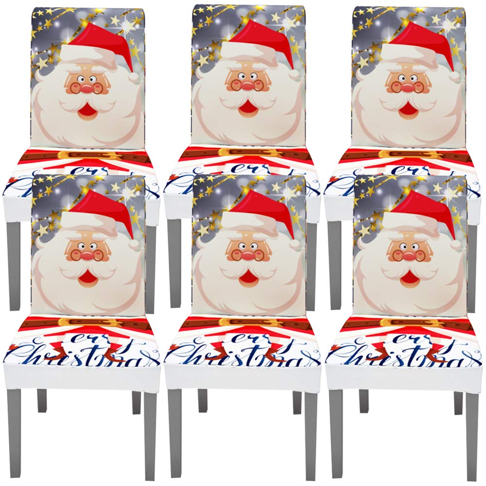 YISUN Stretch Dining Chair Covers - Spandex Removable Washable Chair Protector Slipcovers (Set of 6) - Santa Claus Christmas Theme - Perfect for Kitchen, Dining Room & Living Room Chairs - Holiday Decor & Home Protection