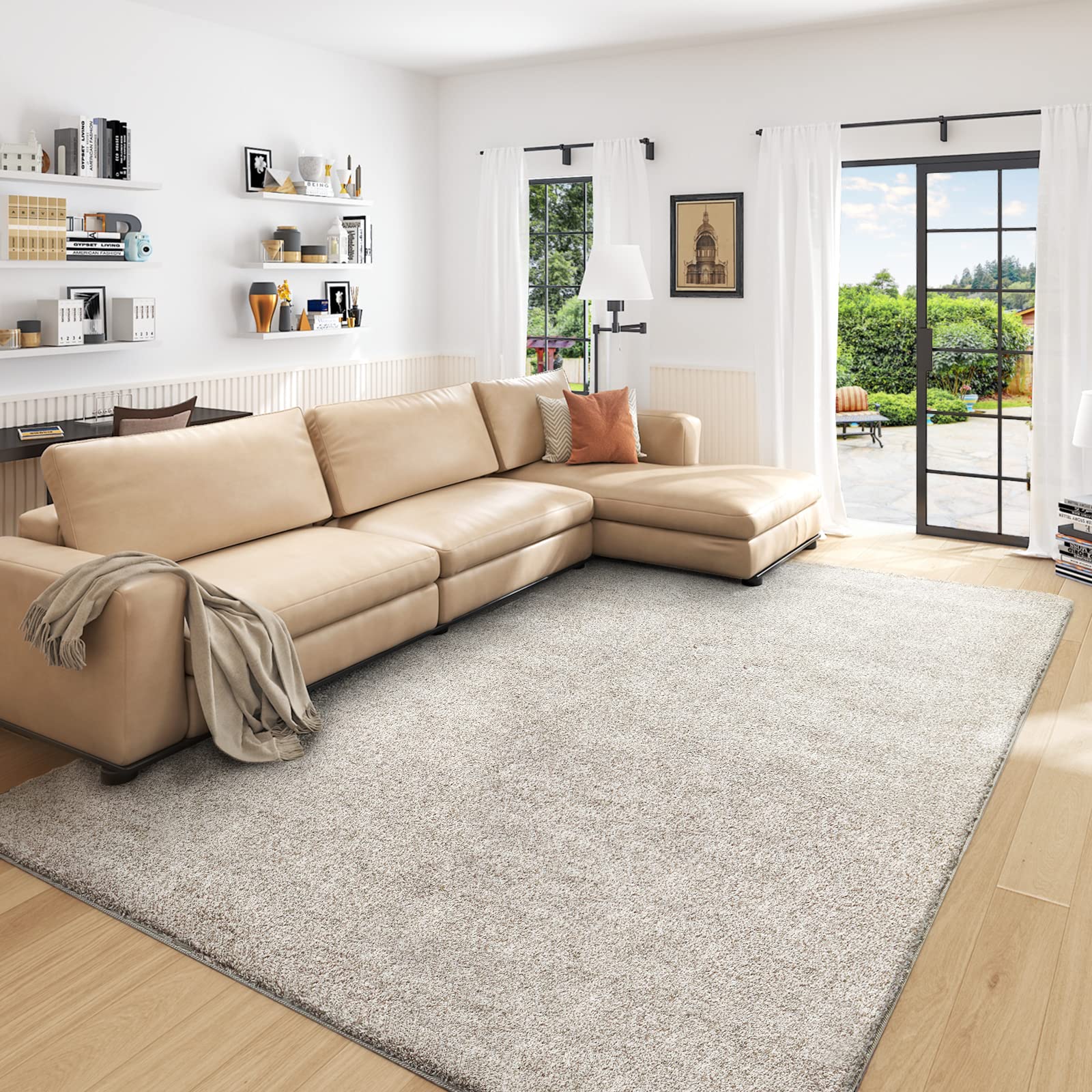 Modern Geometric Area Rugs 4.6x7.6 Feet - Soft Non-Slip Shag Carpet for Living Room & Bedroom - Washable Beige Floor Rug - Home Decor for Cozy Spaces & Stylish Interiors