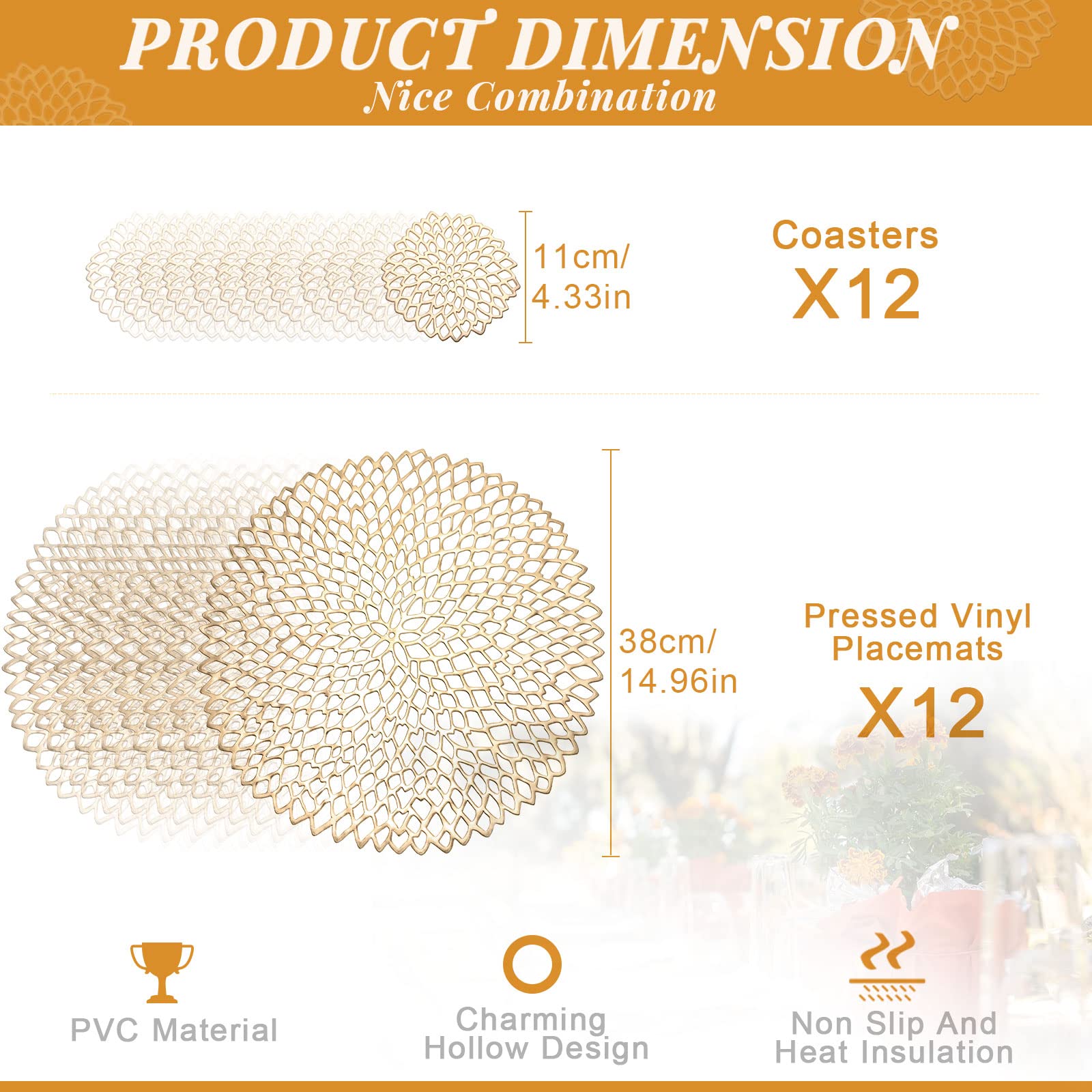 Gold Round Pressed Vinyl Placemats and Coasters Set - 24 Pcs Metallic Table Mats for Wedding, Dinner Party, and Home Decor - Elegant Hollow Design for Formal Dining and Holiday Entertaining