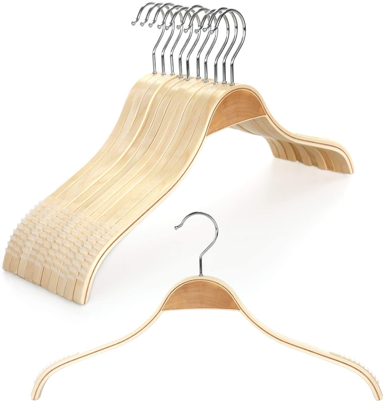 17 Inch Natural Wooden Hangers with Non-Slip Rubber Grips - Space Saving Clothes Hangers for Coats, Shirts, Dresses & T-Shirts (30 Pack) | Perfect for Closet Organization & Wardrobe Storage
