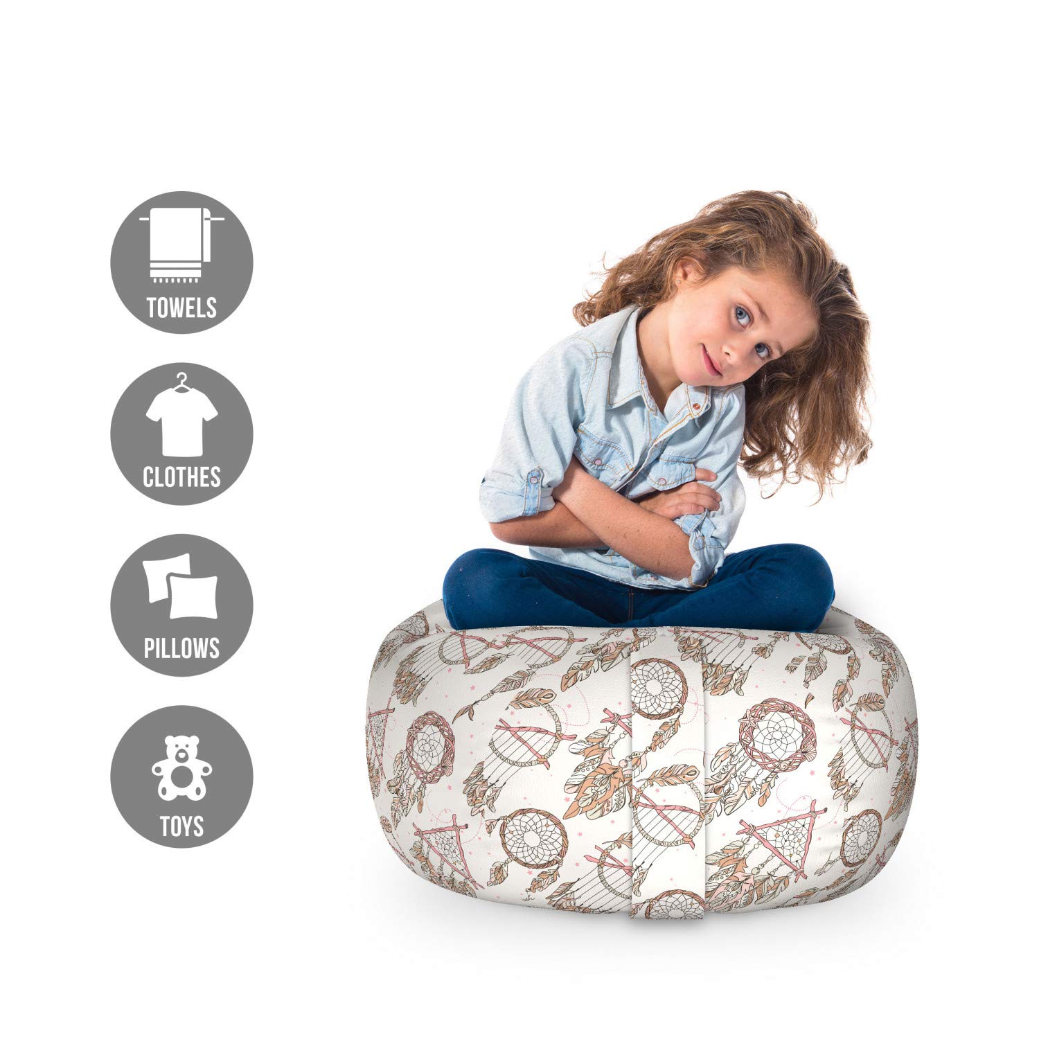 Ambesonne Feather Storage Toy Bag Chair - Dreamcatchers Gypsy Tribal Print Stuffed Animal Organizer, Washable Small Size in Pale Brown Beige - Perfect for Kids' Room, Nursery, and Playroom Organization