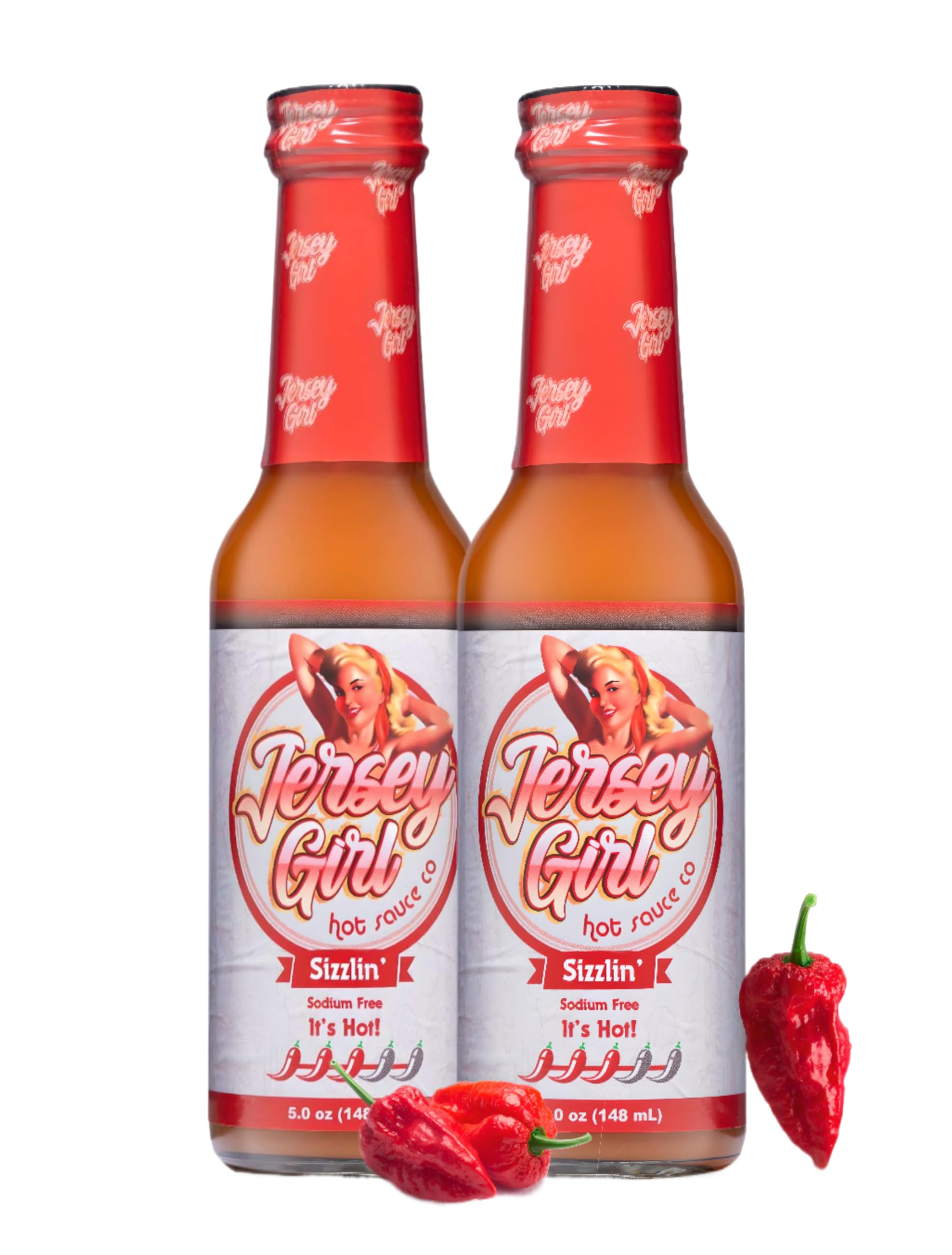 Jersey Girl Hot Sauce Co - Sizzlin' Original All Natural Low Sodium Hot Sauce with Trinidad Scorpion, Long Hots & Habanero Peppers - 5 oz (Pack of 2) - Perfect for Tacos, Wings & Grilling
