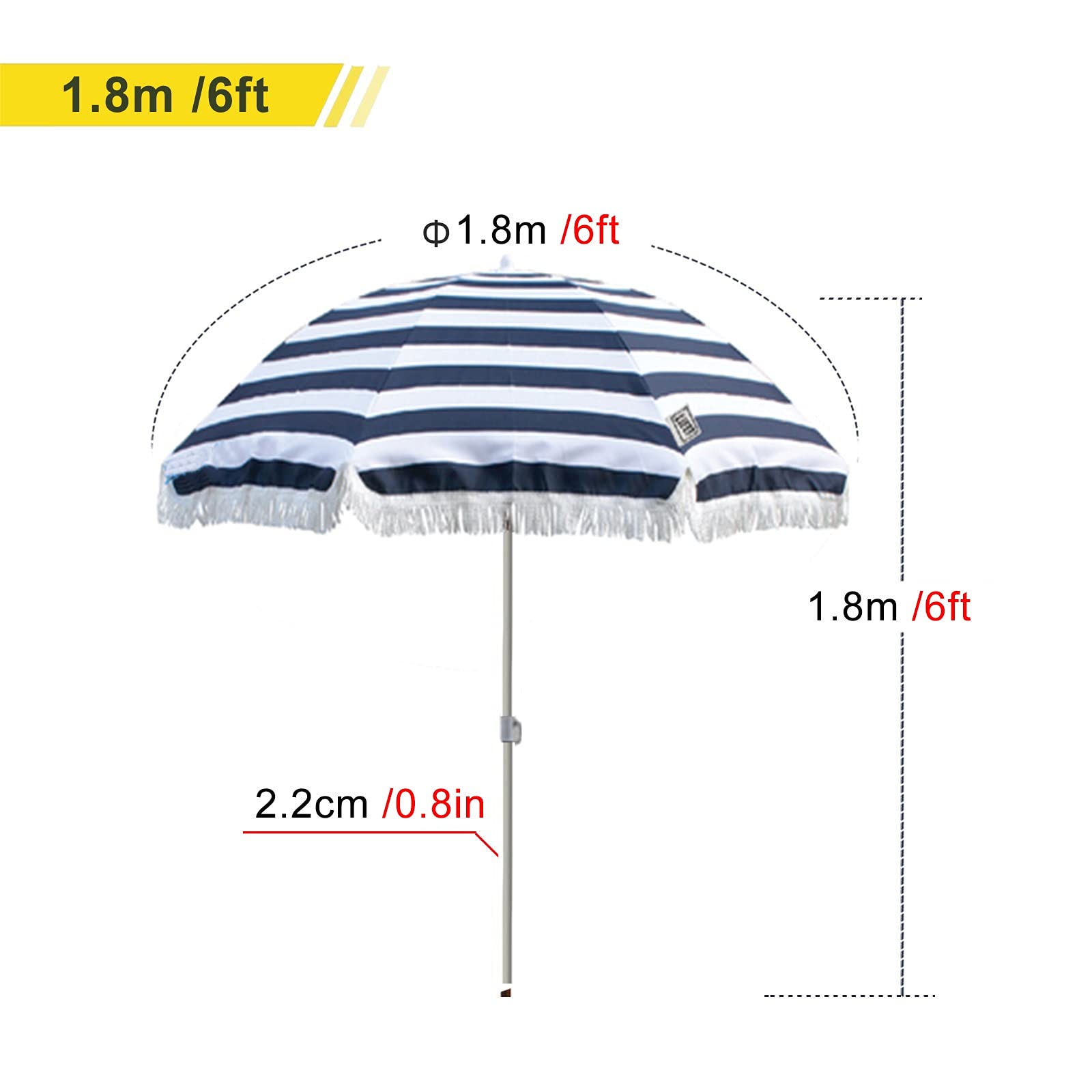 JLXJ Blue & White Striped Waterproof Windproof Beach Umbrella with Fringe - 1.8m Outdoor Sun Shade for Patio, Poolside, Backyard & Balcony | Perfect for Summer Relaxation, Beach Trips & Outdoor Dining