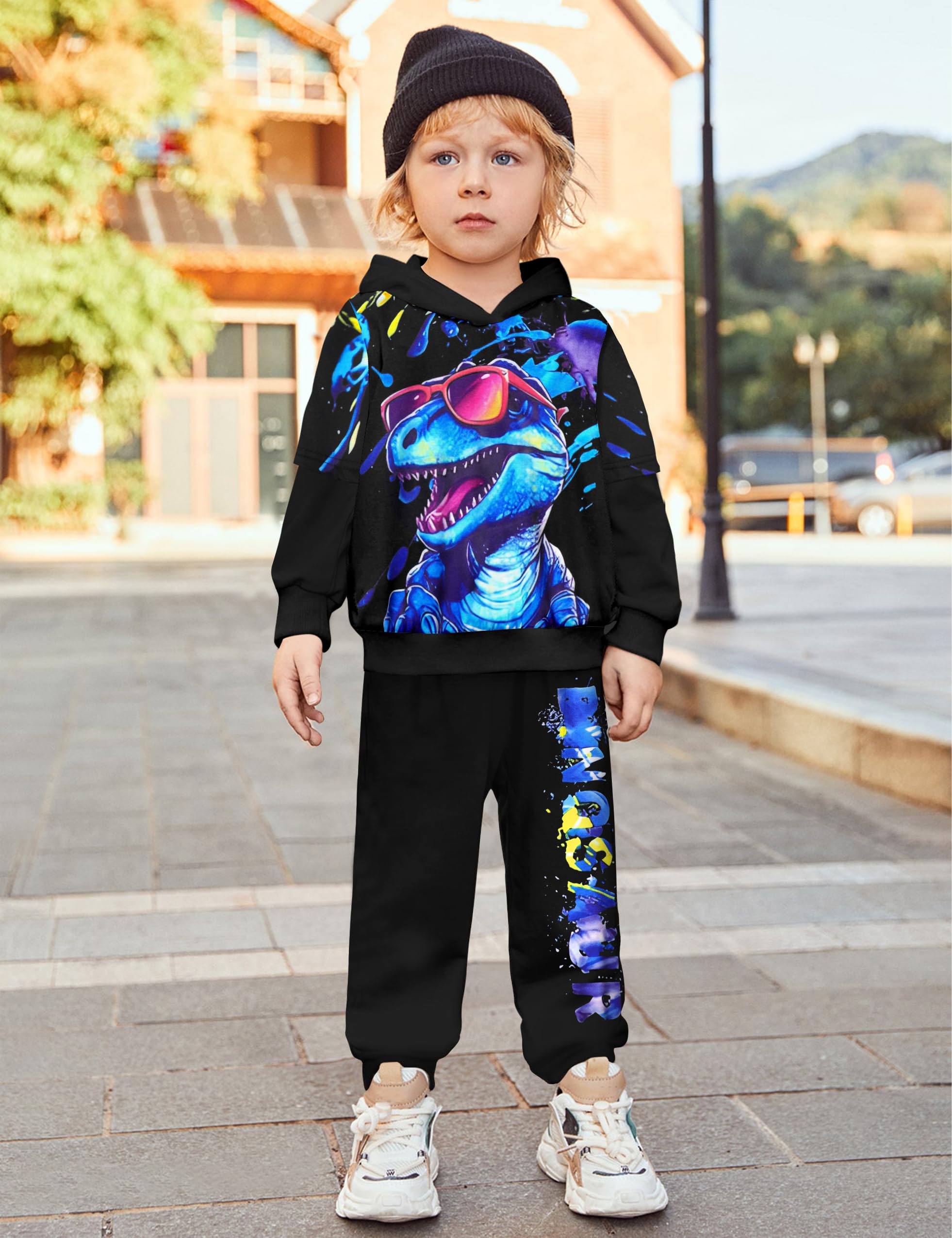 **Dinosaur Printed Toddler Boys Clothes Set 3-7 Years - Long Sleeve Hoodie & Pants Outfit for Playdates, School & Outdoor Adventures**