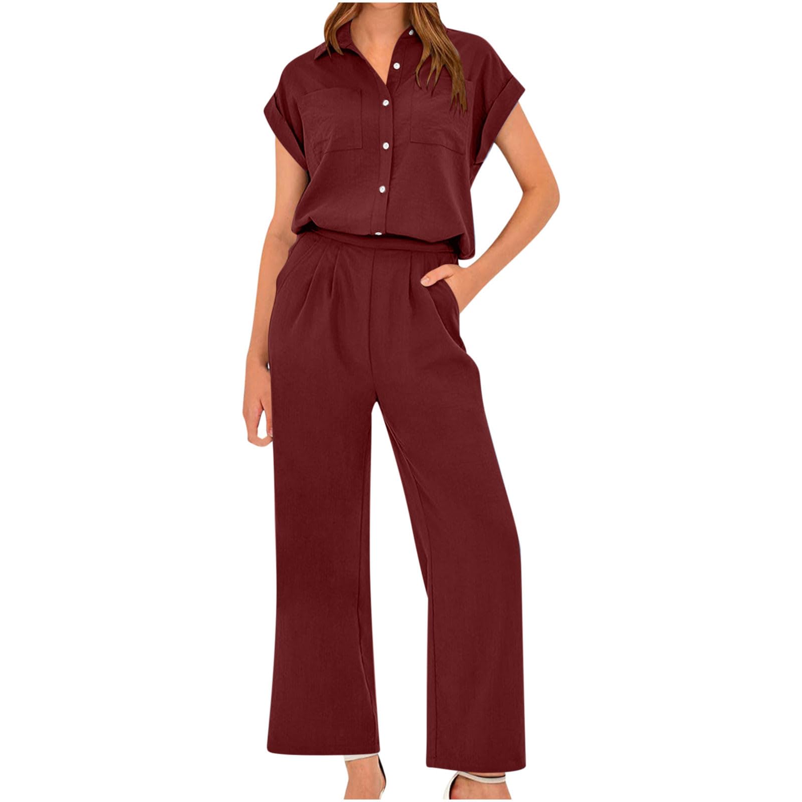 Women's Summer 2024 Casual 2-Piece Outfit Set - Short Sleeve Button Down Shirt & Lounge Pants | Comfortable Tracksuit for Home, Travel & Relaxation