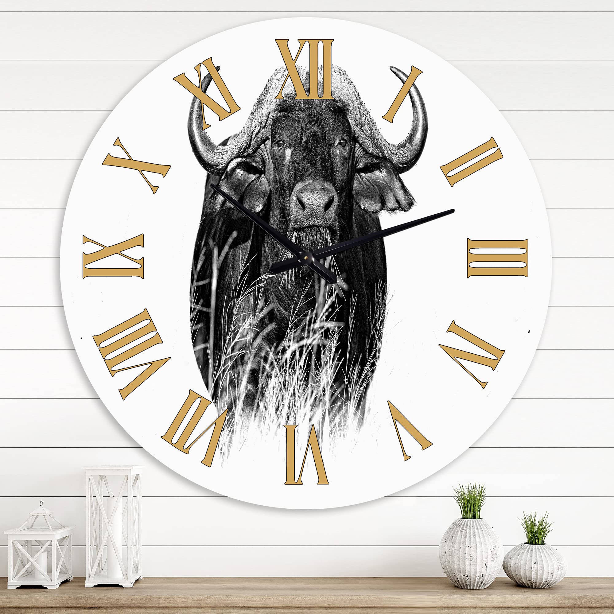 Farmhouse Wall Clock - Monochrome Buffalo Portrait IV, Large Animal Wall Art for Living Room, Kitchen, Office Decor | Rustic Home Décor, Perfect for Farmhouse & Modern Interiors