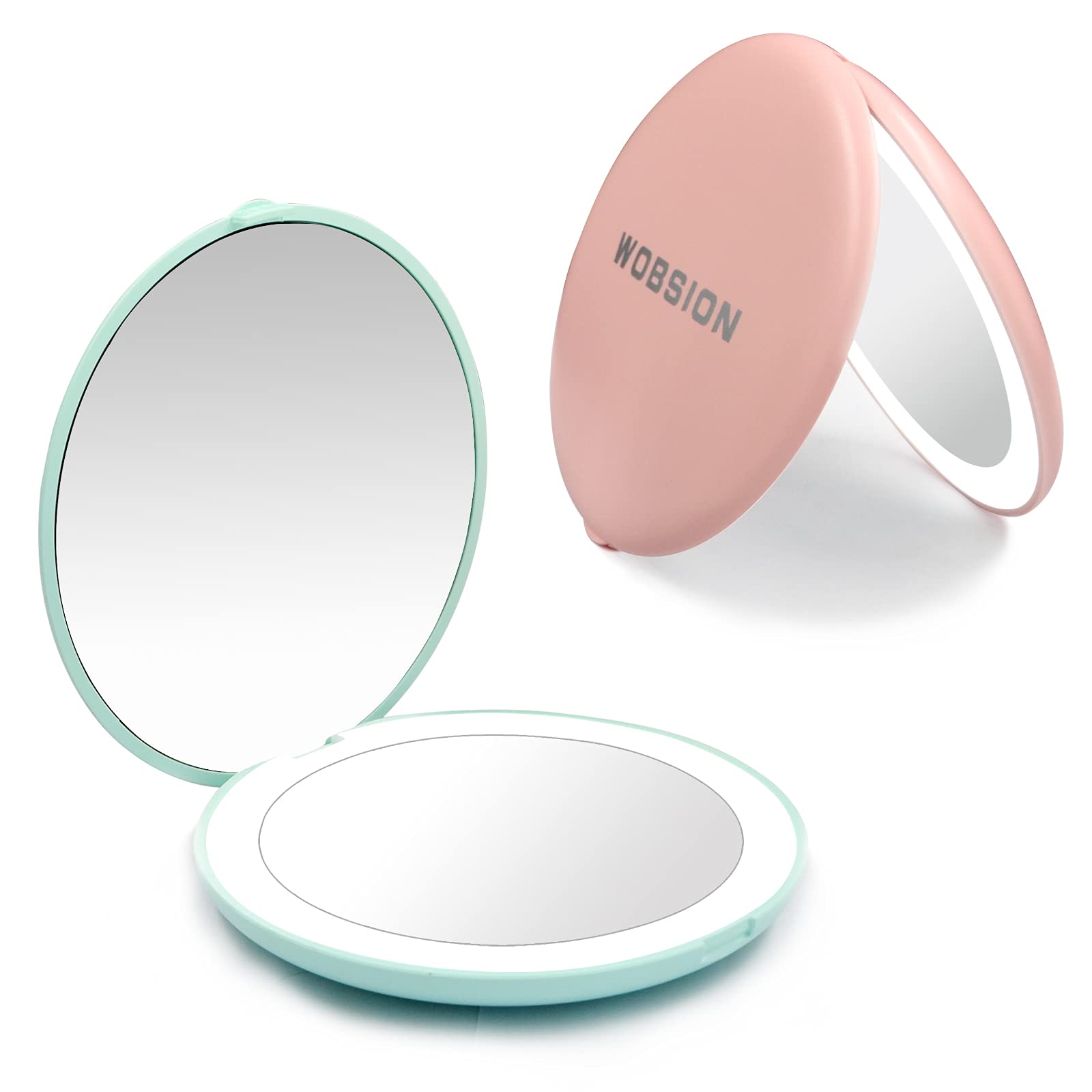 Wobsion 2-in-1 Travel Mirror with LED Light - 1x & 10x Magnification, Portable Handheld Makeup Mirror for Women, 2 Pack (Cyan & Pink) | Perfect for Travel, Home Vanity, Purse & Cosmetic Touch Ups