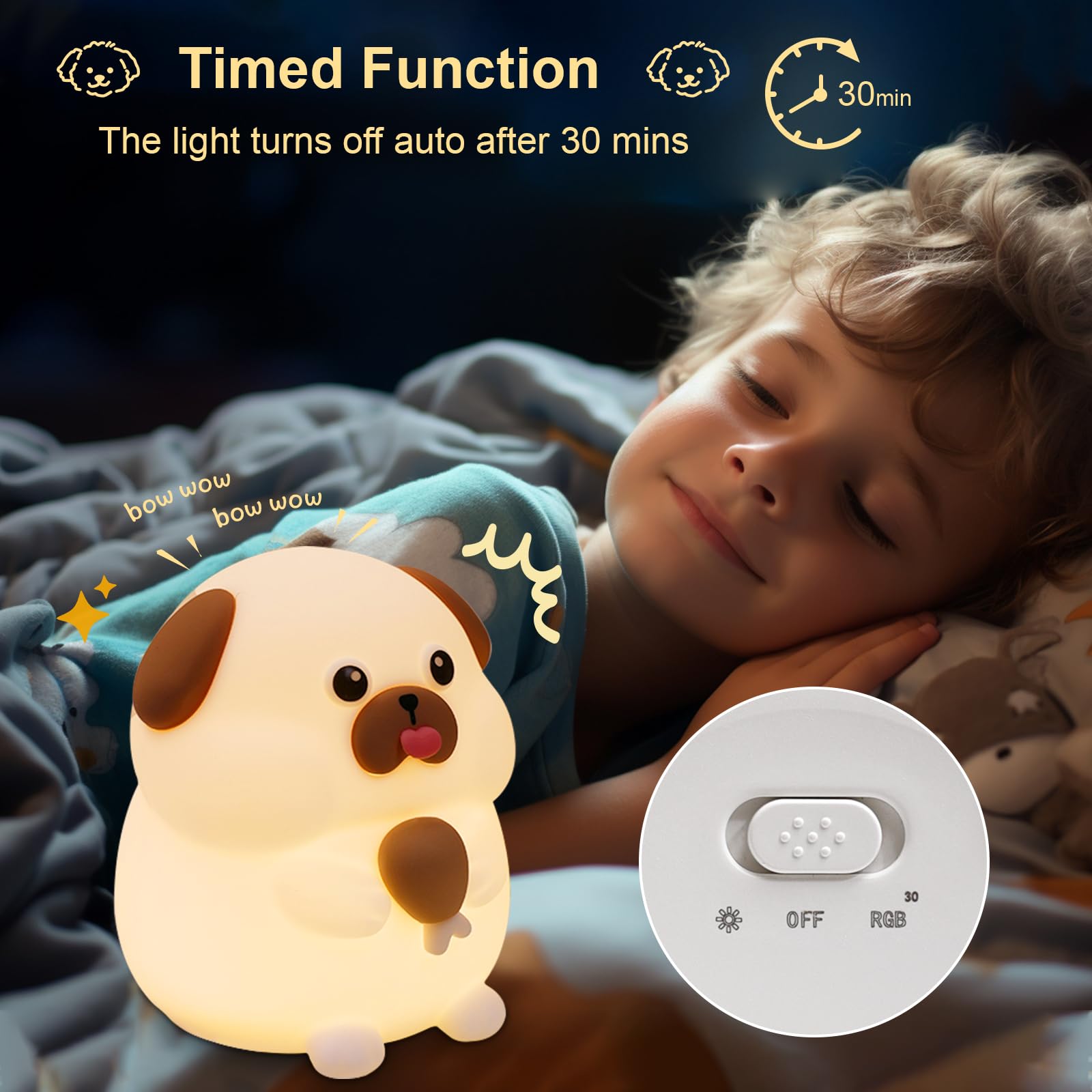 Greedy Dog Night Light for Kids - 3-Level Dimmable, Touch Color Changing Silicone Nightlight | Rechargeable Bedside Lamp for Nursery, Children, Pregnant Women & Elderly | Perfect for Bedrooms, Baby Rooms & Nighttime Feedings