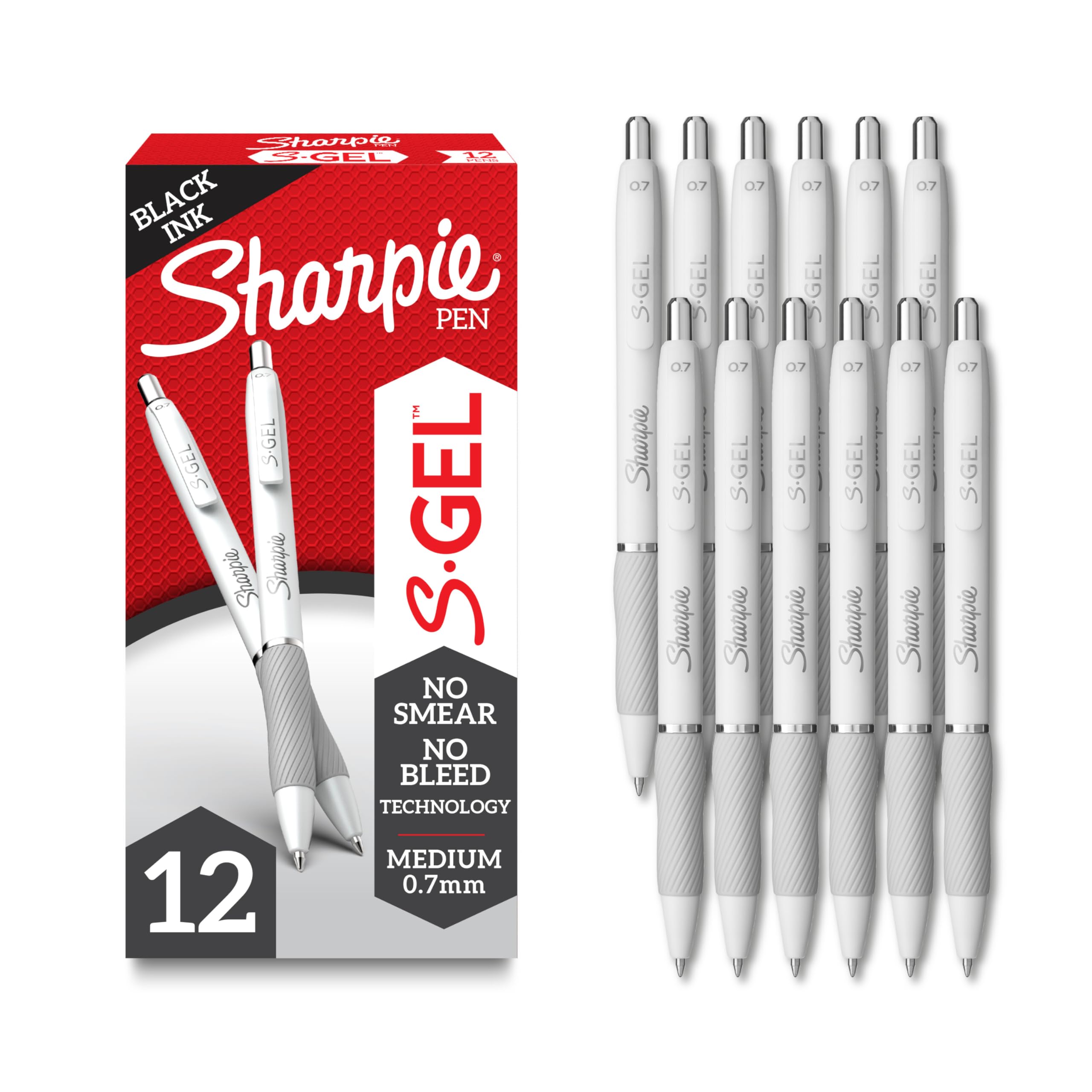 Sharpie S-Gel Pens 0.7mm Medium Point - 12 Pack Black Ink Gel Pens for Journaling, Writing, Drawing & Coloring - Smooth Pearl White Body - Perfect for Office, School, Note Taking & Art Projects