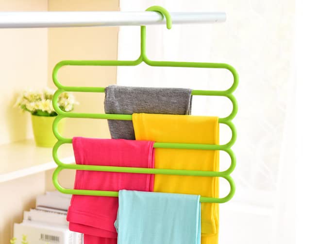 5-Layer Slip-Free Closet Pants Organizer - Space-Saving Multifunctional Clothes Hanger for Trousers, Scarves, Ties (3 Pack, Pink/Green/Blue) - Perfect for Bedroom, Closet & Travel Storage Organization