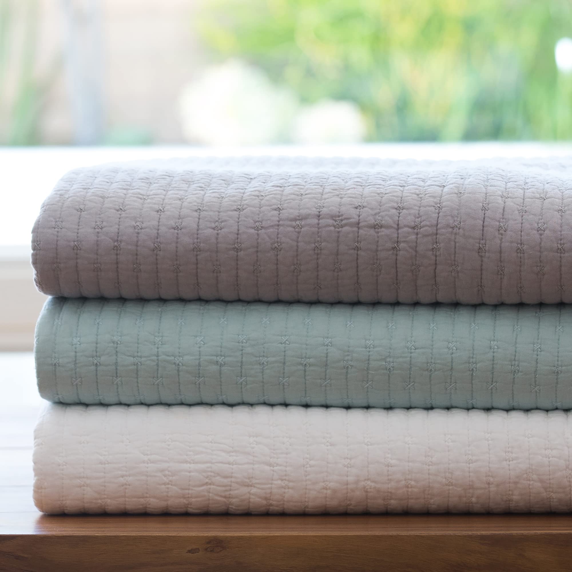 Levtex Home - 100% Cotton Reversible Cross Stitch Light Grey Quilt Set - Full/Queen Size (88x92in) with 2 Standard Shams (26x20in) - Soft Bedding for Cozy Bedroom Decor & Guest Room Essentials