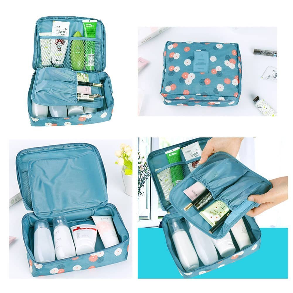 House of Quirk Travel Cosmetic Makeup Toiletry Case Storage Pouch Handbag - Dark Blue Floral Design | Perfect for Travel, Gym & Daily Organization