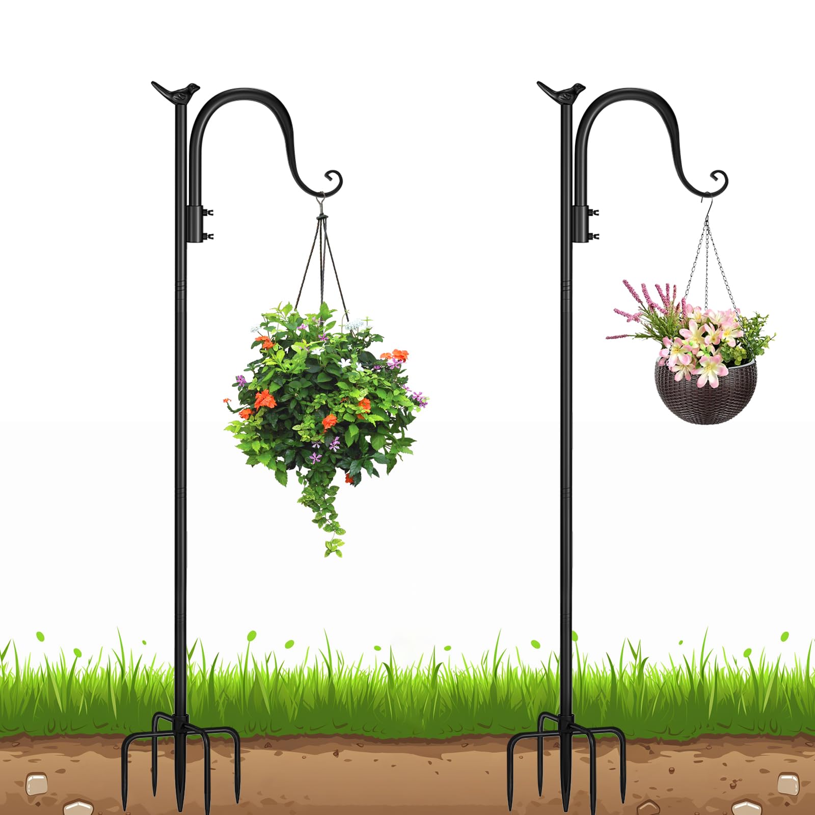 OZMI 48 Inch Heavy Duty Shepherds Hook for Outdoor - 5 Prong Plant Hanger Stand for Hanging Baskets, Lanterns, Wind Chimes & Bird Feeders (2 Pack) - Perfect for Garden, Patio, Yard & Outdoor Decor