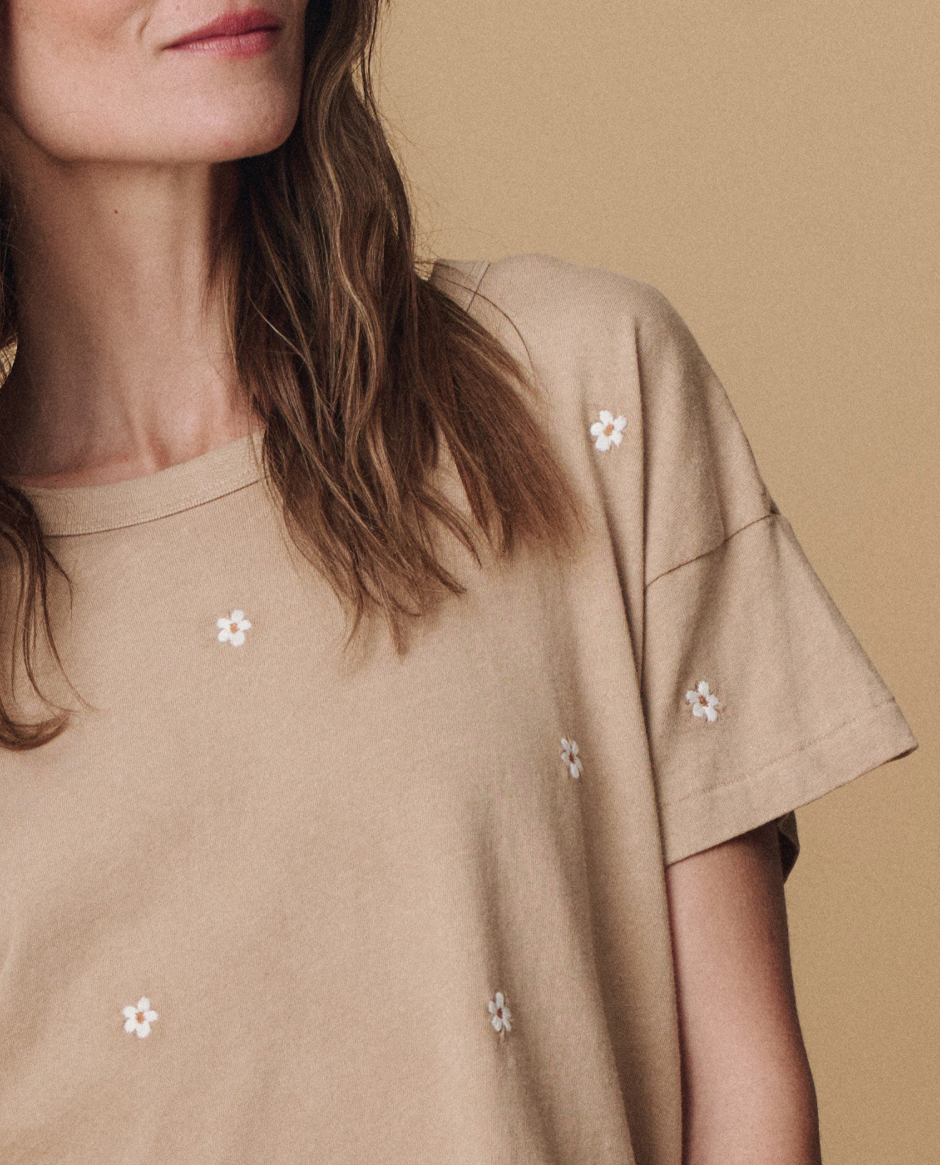 The Boxy Crew Embroidered Khaki T-Shirt with Daisy Design - Casual & Comfortable for Everyday Wear