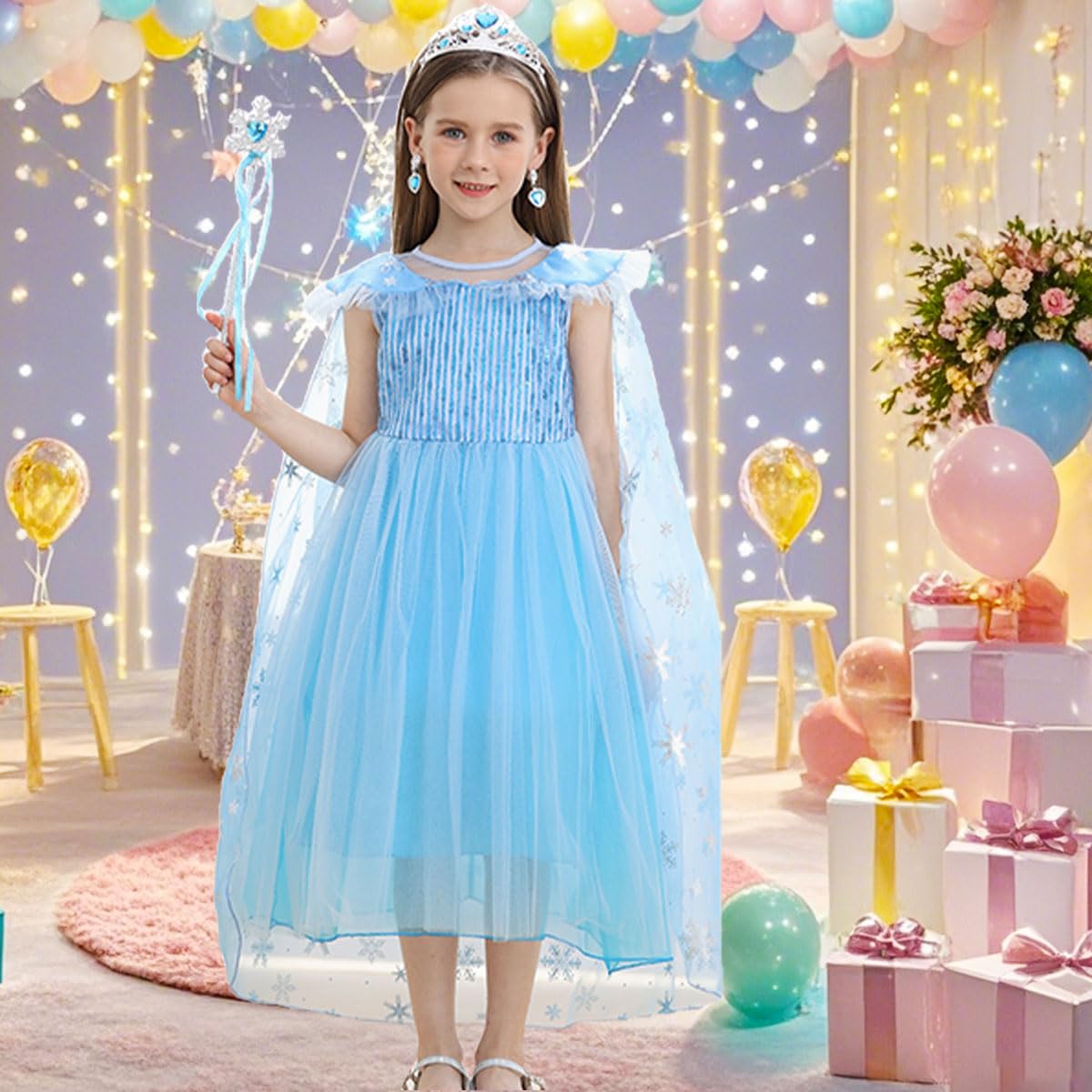 Elsa Costume for Girls - Frozen Princess Dress with Accessories | Toddler Halloween Birthday Party Outfit | Blue Dress Up for Kids & Disney Themed Events