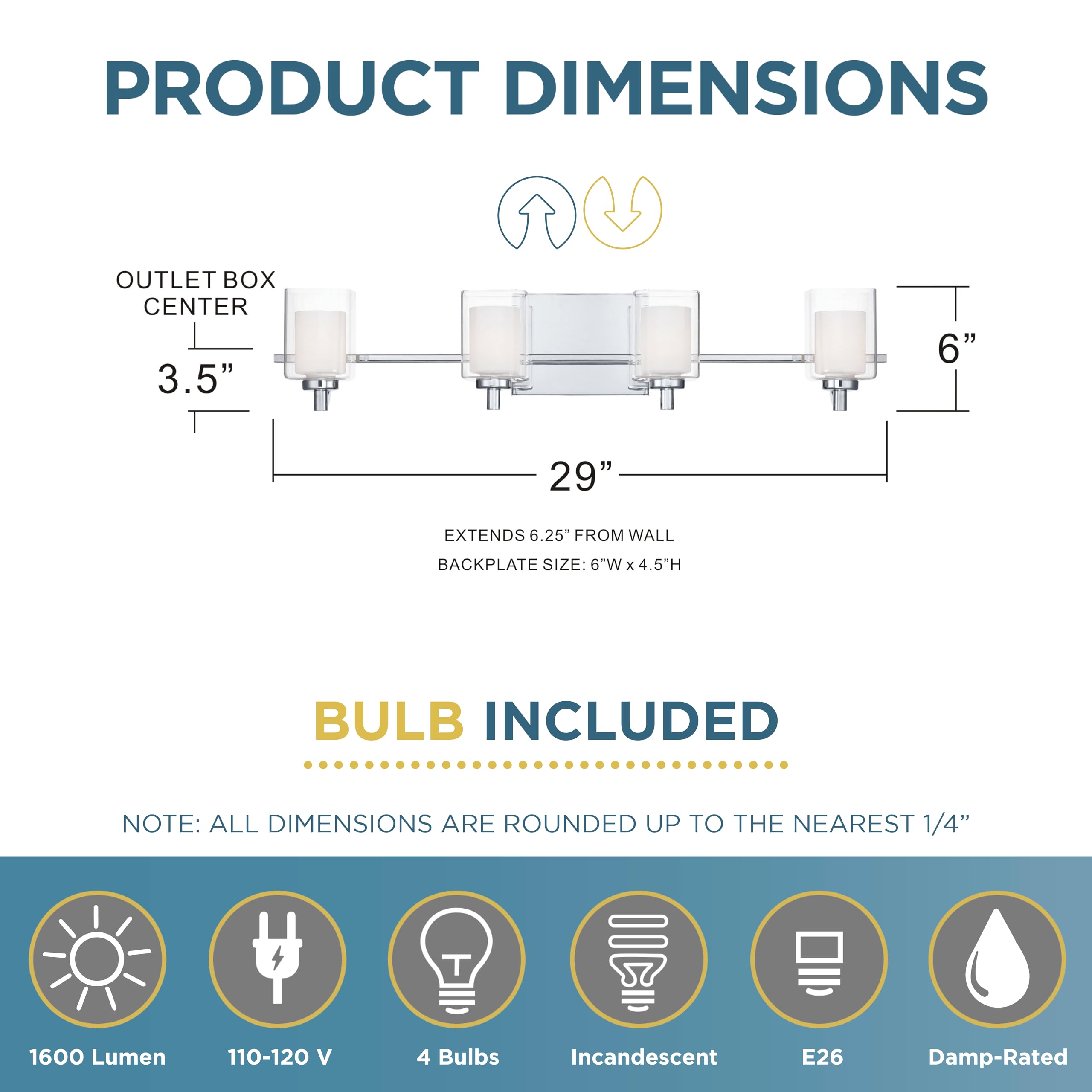 Quoizel Kolt Modern 4-Light Vanity Lights - 29 Inch Polished Chrome Bathroom Lighting Fixture with Sandblasted Inner Glass - 50W LED Bulb - Wall Mount Light for Bathroom Mirror, Kitchen or Hallway - Perfect for Modern Home Décor and Task Lighting