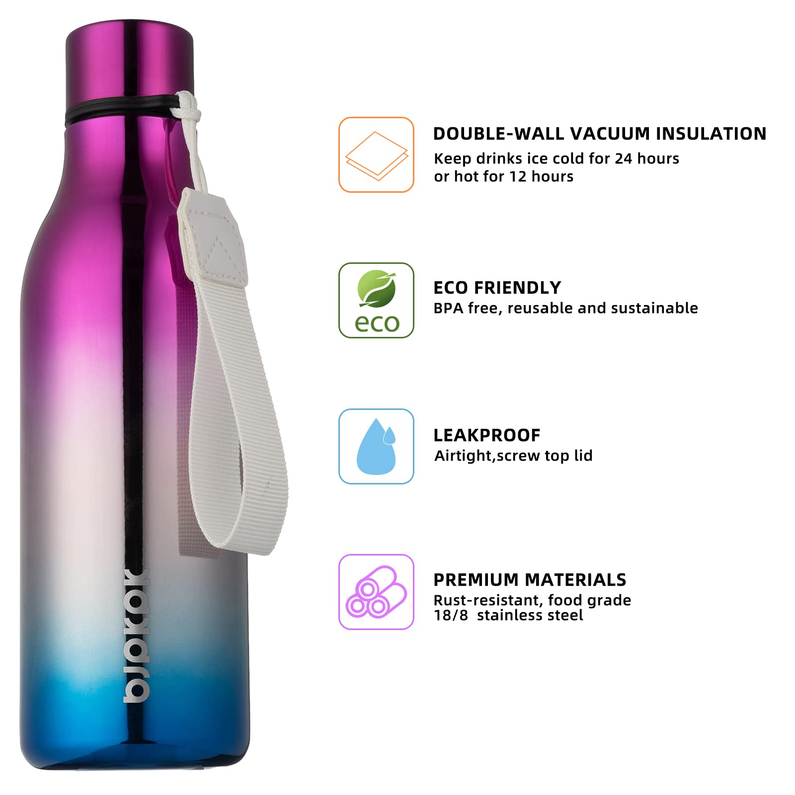 BJPKPK 18oz Insulated Stainless Steel Water Bottle with Strap - BPA Free, Leak Proof Thermos for School, Sports & Travel - Keeps Drinks Hot/Cold for Hours - Perfect for Hiking, Gym & Outdoor Adventures