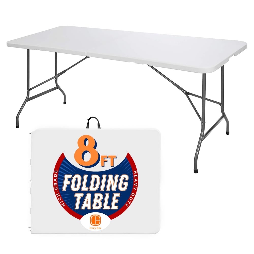 8FT Heavy Duty Folding Table - Indoor Outdoor Portable Plastic Picnic Table with Handle & Lock - White (4ft 6ft 8ft Sizes) for Parties, Camping, BBQ, Tailgating & Home Dining