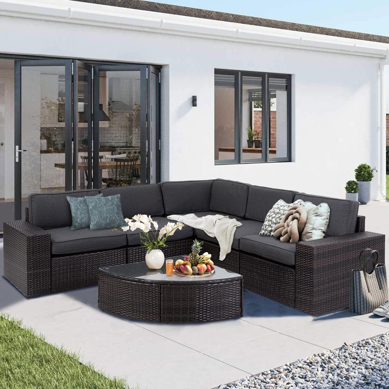 6-Piece Outdoor Sectional Sofa Set - Patio Wicker Furniture with Tempered Glass Table & Cushions (Grey) - Perfect for Backyard, Garden, Poolside & Outdoor Conversations