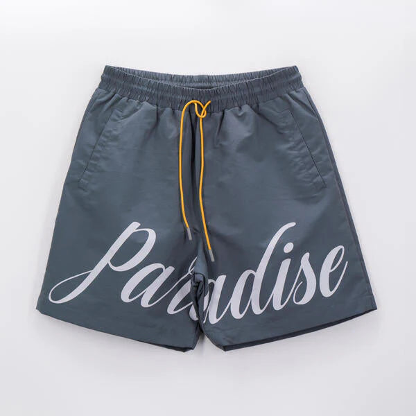 Paradise Lost Script Nylon Shorts for Men - Comfortable Athletic Gym Running Shorts in Grey - Perfect for Workouts, Jogging & Casual Wear