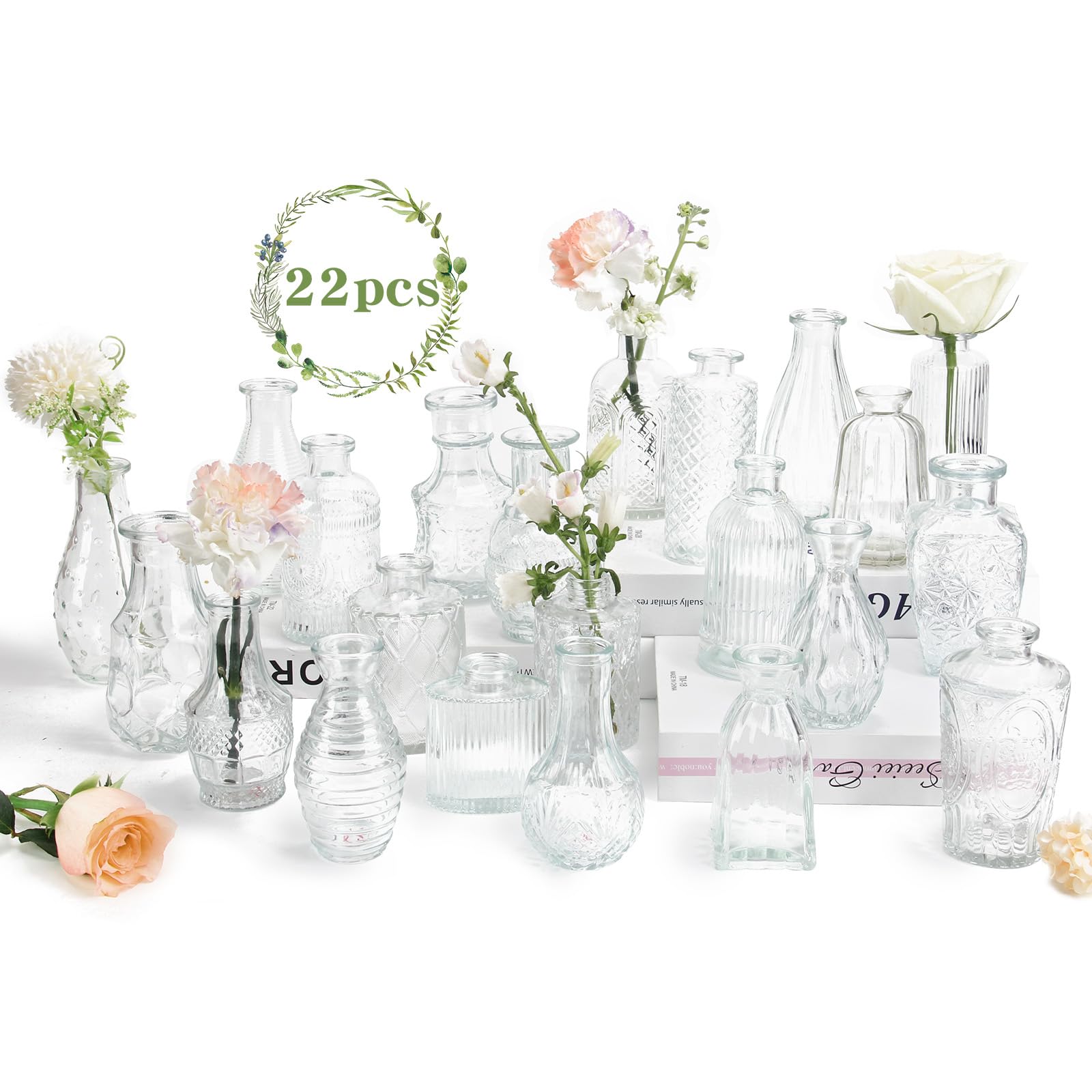 22 Pack Clear Glass Bud Vases Bulk - Small Boho Flower Vases for Wedding Centerpieces, Table Decor, Home & Office Decorations | Perfect for Wedding Receptions, Bridal Showers, Party Decor & Boho Home Styling