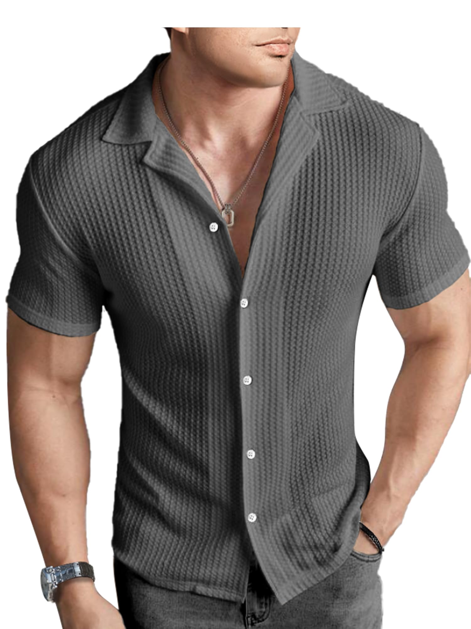 Men's Vintage Knit Polo Shirts - Short Sleeve Button Down Casual Shirt for Summer & Beach Wear - Breathable Waffle Texture for Outdoor Activities and Relaxation