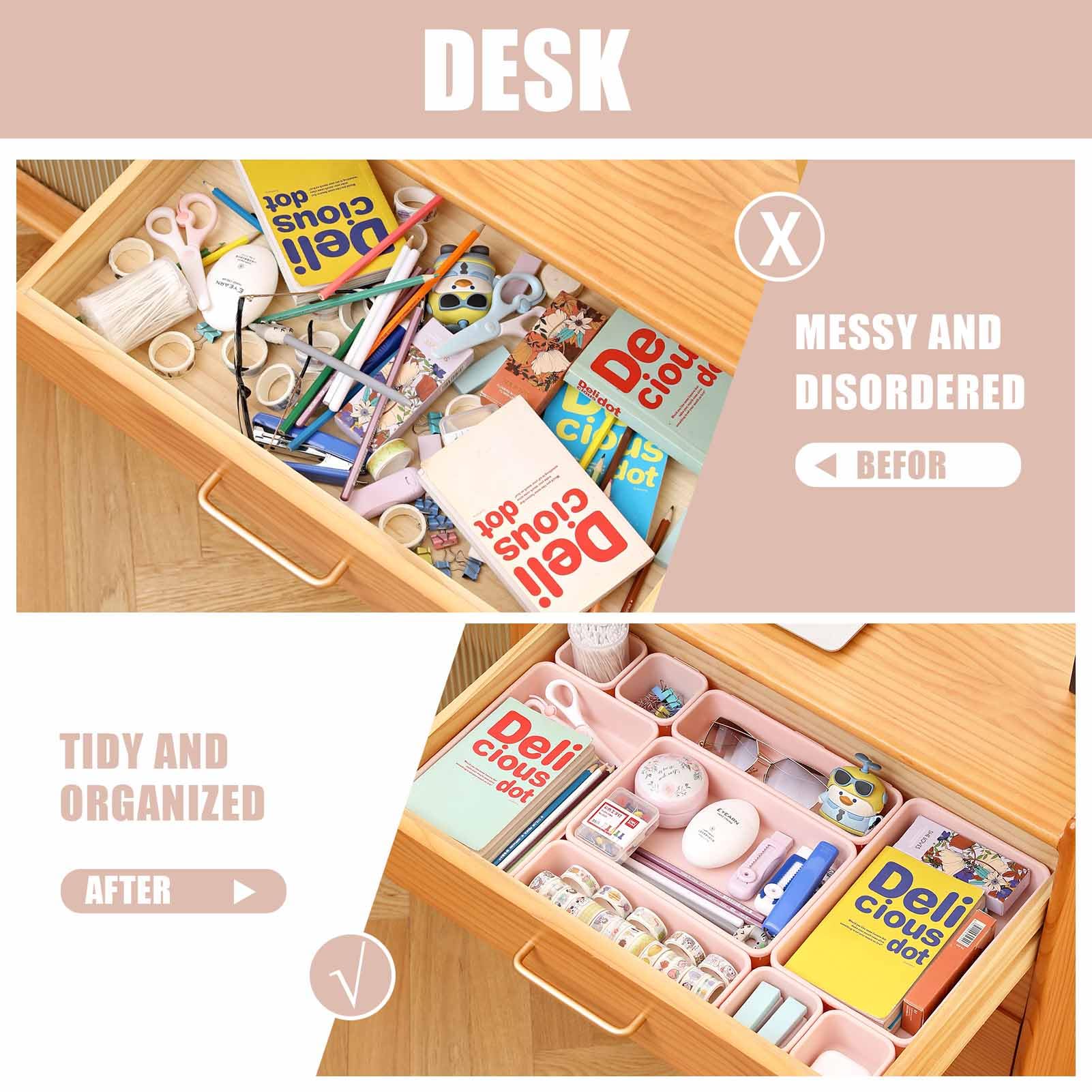Famhap 16-Piece Pink Drawer Organizer Set - Versatile Storage Trays for Makeup, Bathroom Vanity, Kitchen Utensils & Office Supplies | Perfect for Bedroom, Bathroom & Kitchen Organization (Pink)
